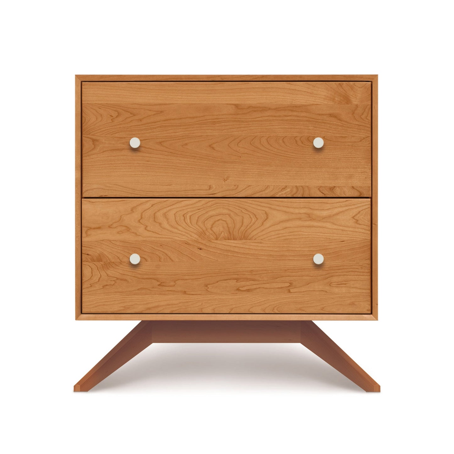 A wooden nightstand with two drawers.