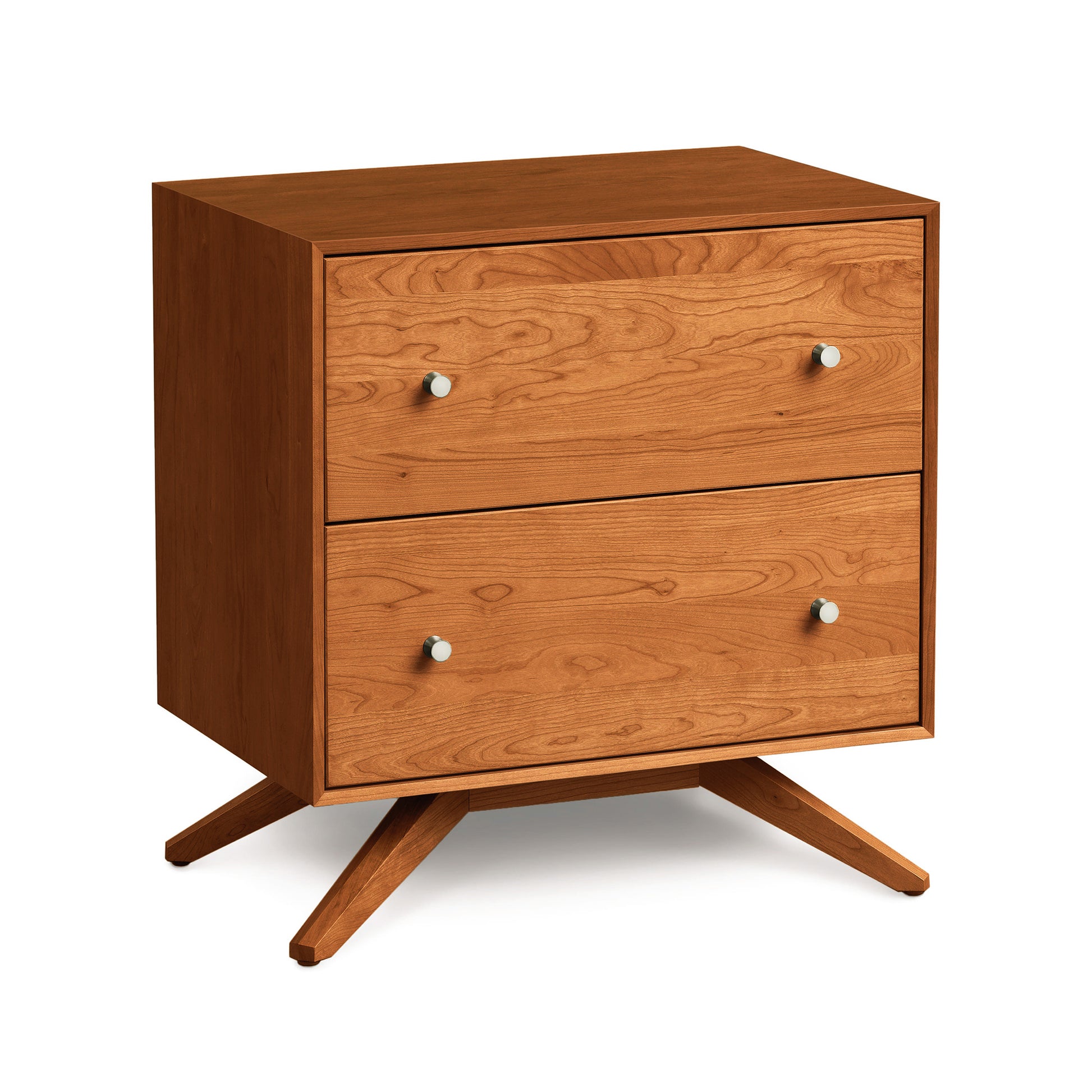 Modern wooden Astrid 2-Drawer nightstand with splayed legs on a white background by Copeland Furniture.