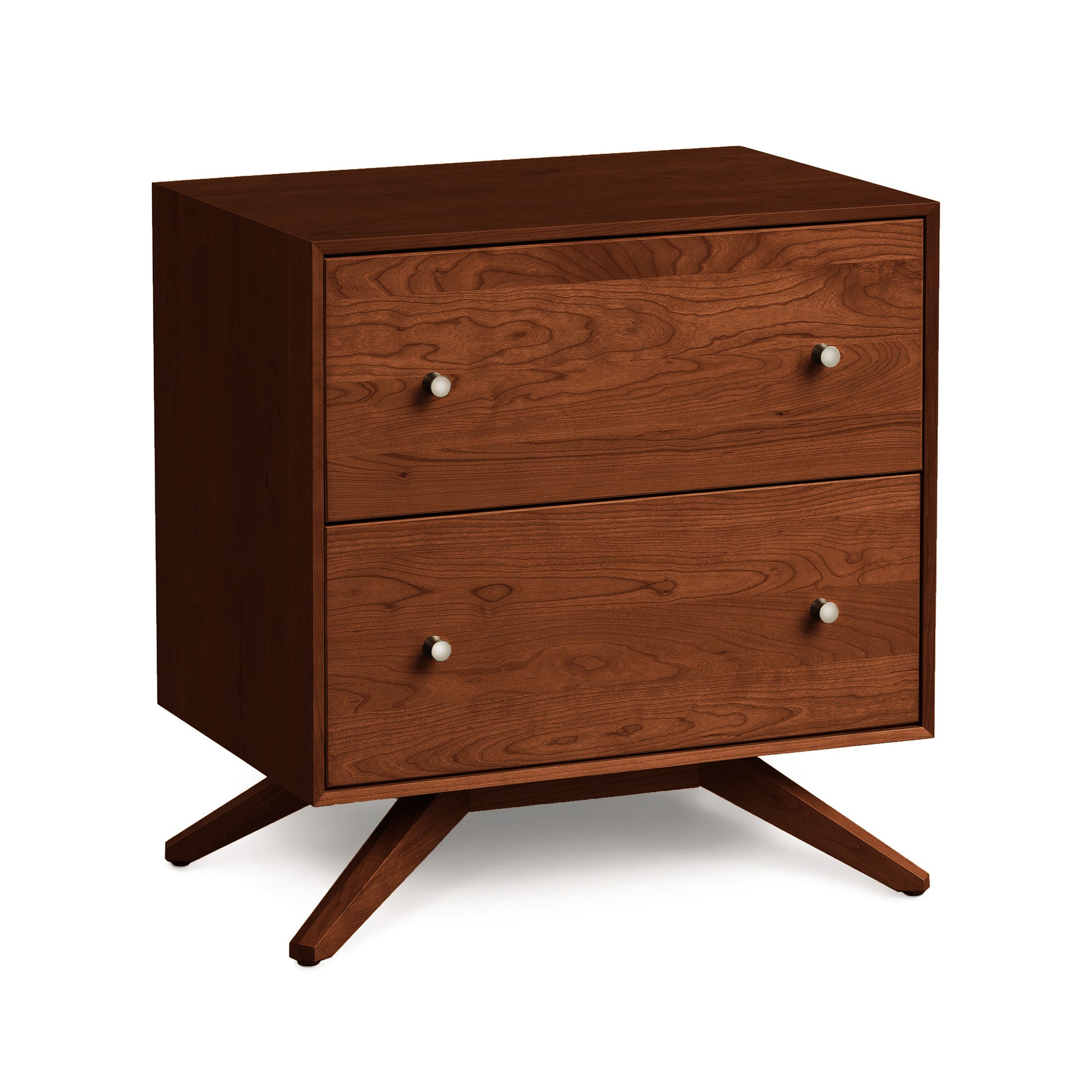 Astrid Nightstand by Copeland Furniture showcasing mid-century modern Scandinavian design with distinctive angled legs and round metal knobs.