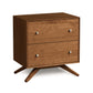 A Copeland Furniture Astrid 2-Drawer Nightstand with splayed legs and round knobs on a white background.