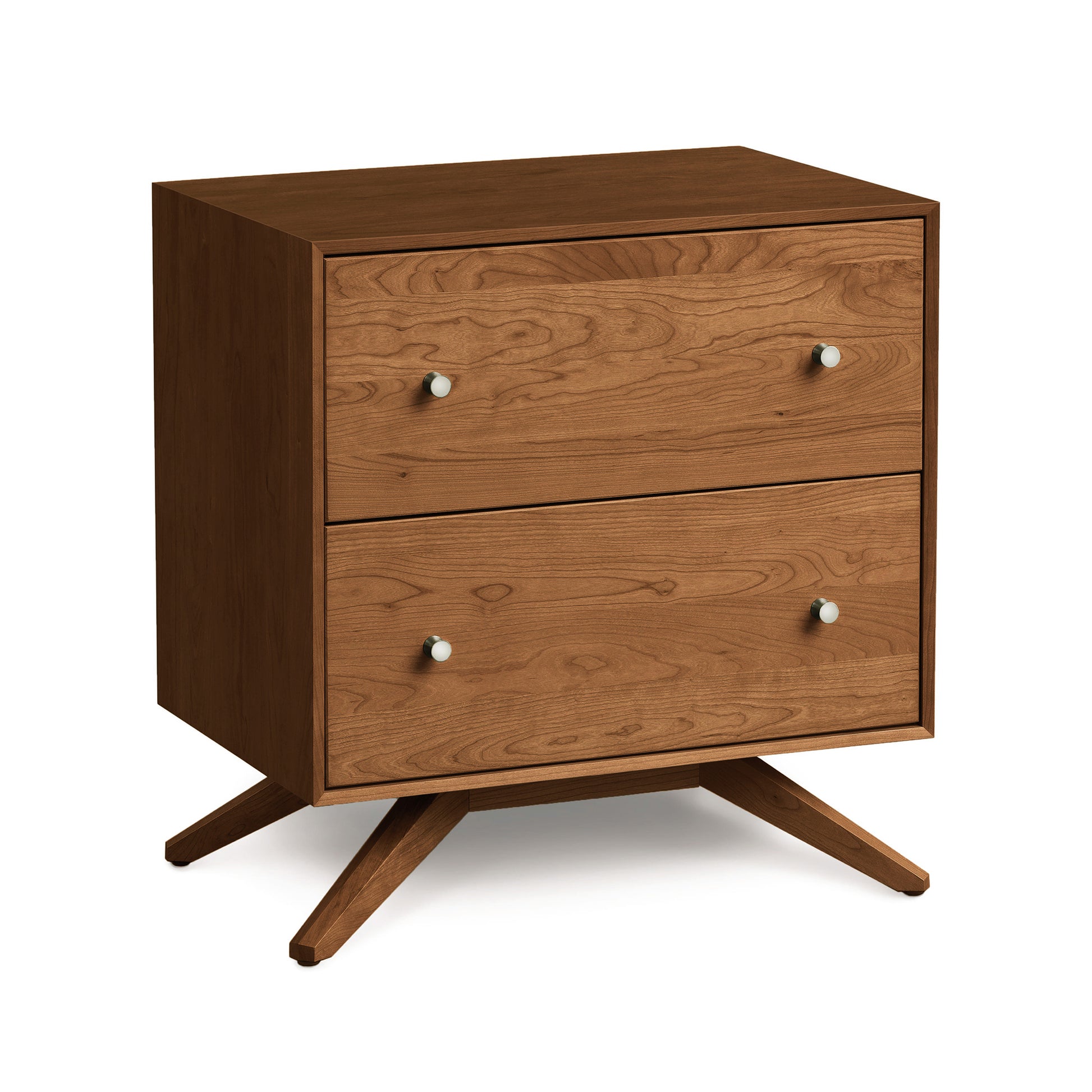 Astrid Nightstand by Copeland Furniture showcasing Scandinavian design with wood construction, featuring metal knobs and angled legs.