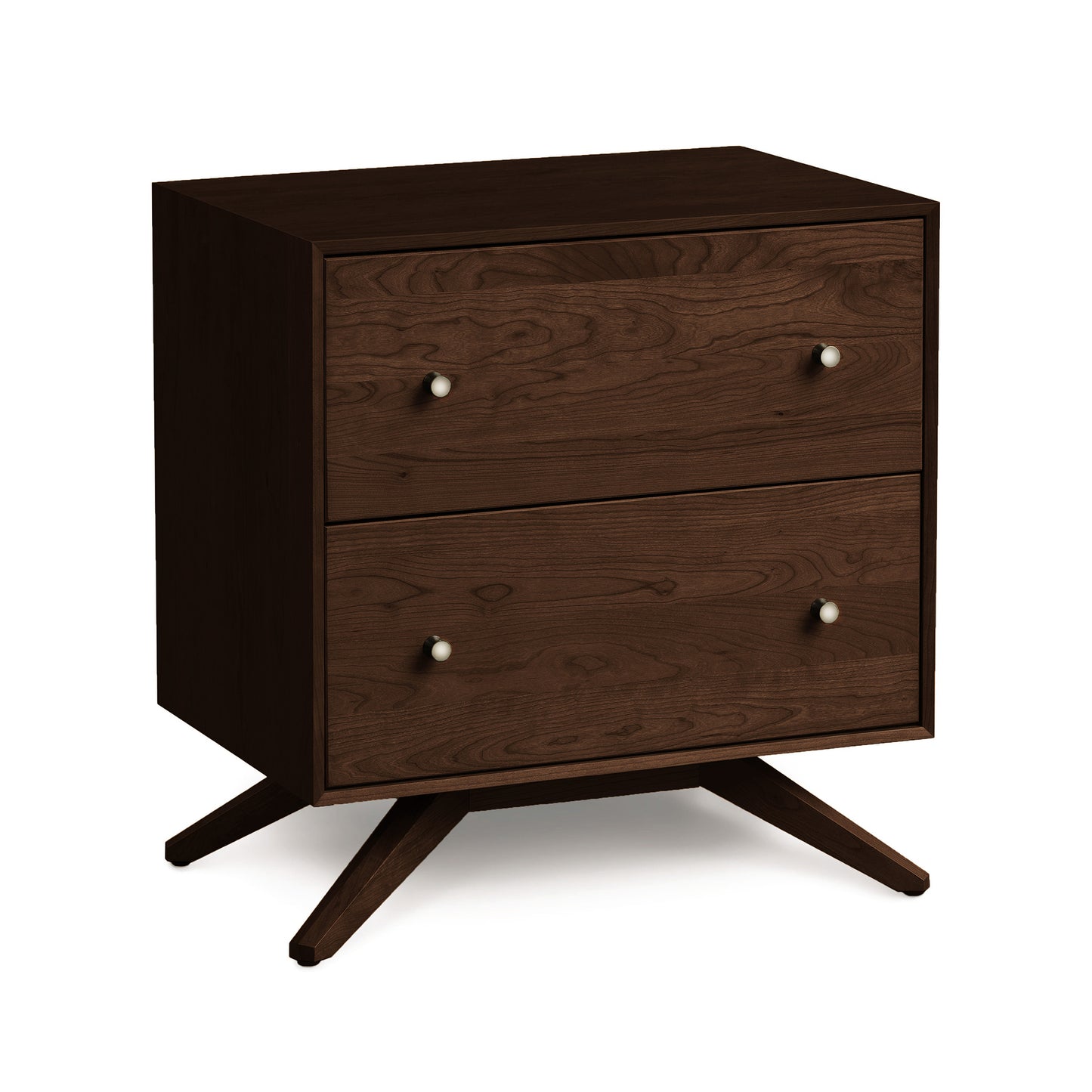 Astrid 2-Drawer Nightstand by Copeland Furniture in Scandinavian design with dark wood, silver knobs, and splayed legs.