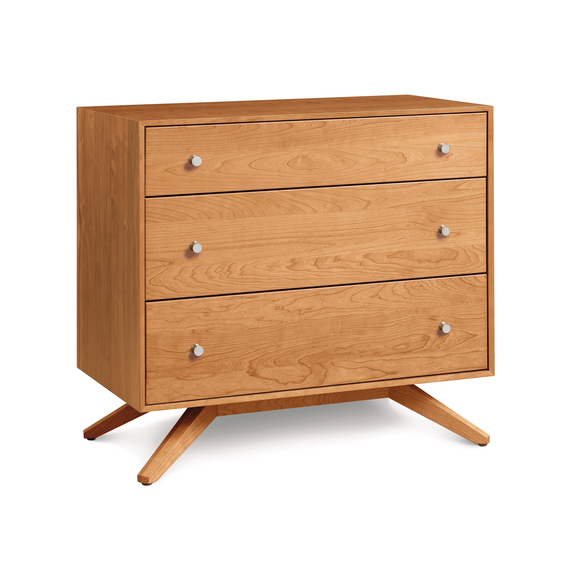 Astrid 3-Drawer Chest by Copeland Furniture showcasing Mid Century Modern design with round handles and angled legs, crafted from solid hardwood.