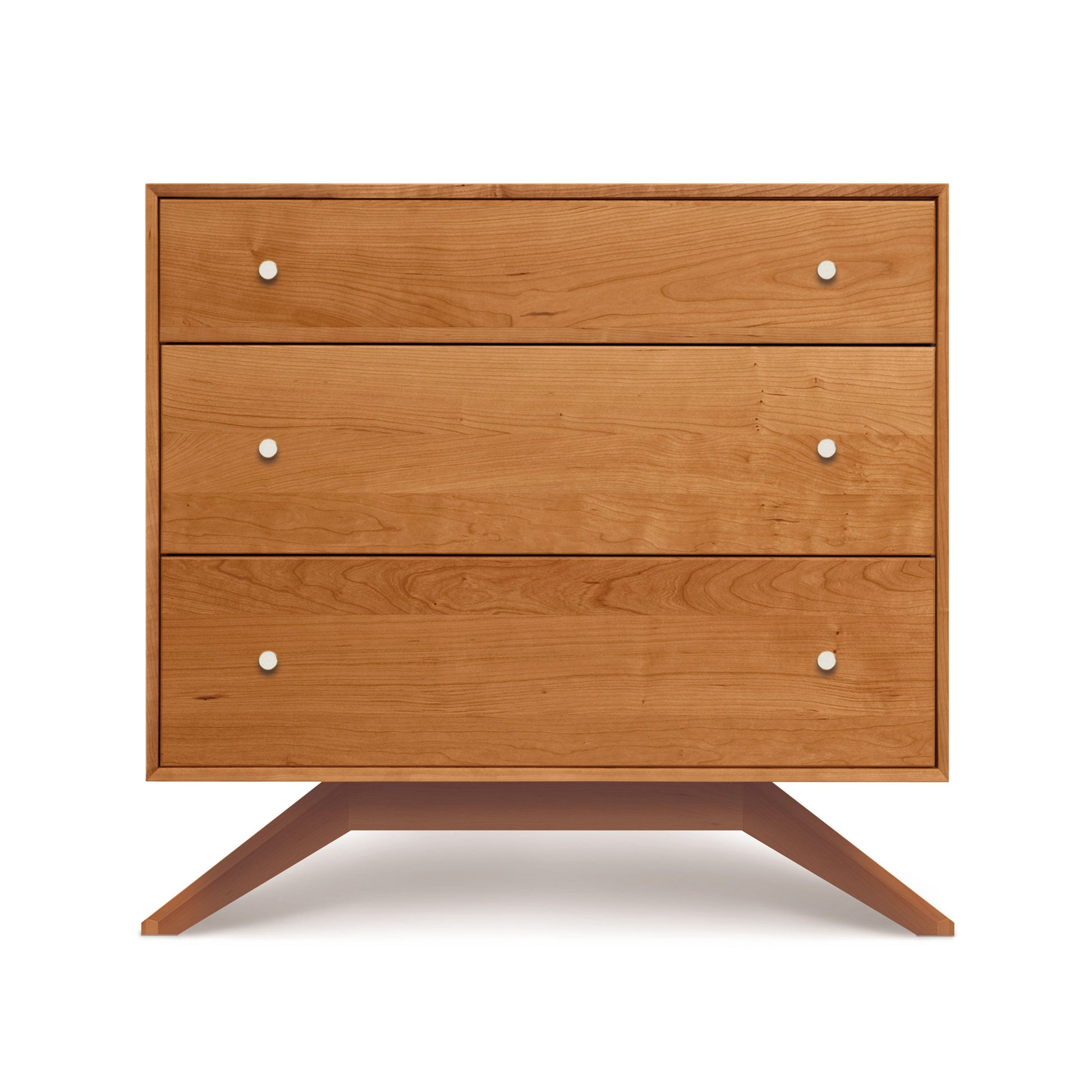 Astrid 3-Drawer Chest by Copeland Furniture in solid hardwood with a Mid Century Modern design, featuring three drawers and distinctive angled legs.