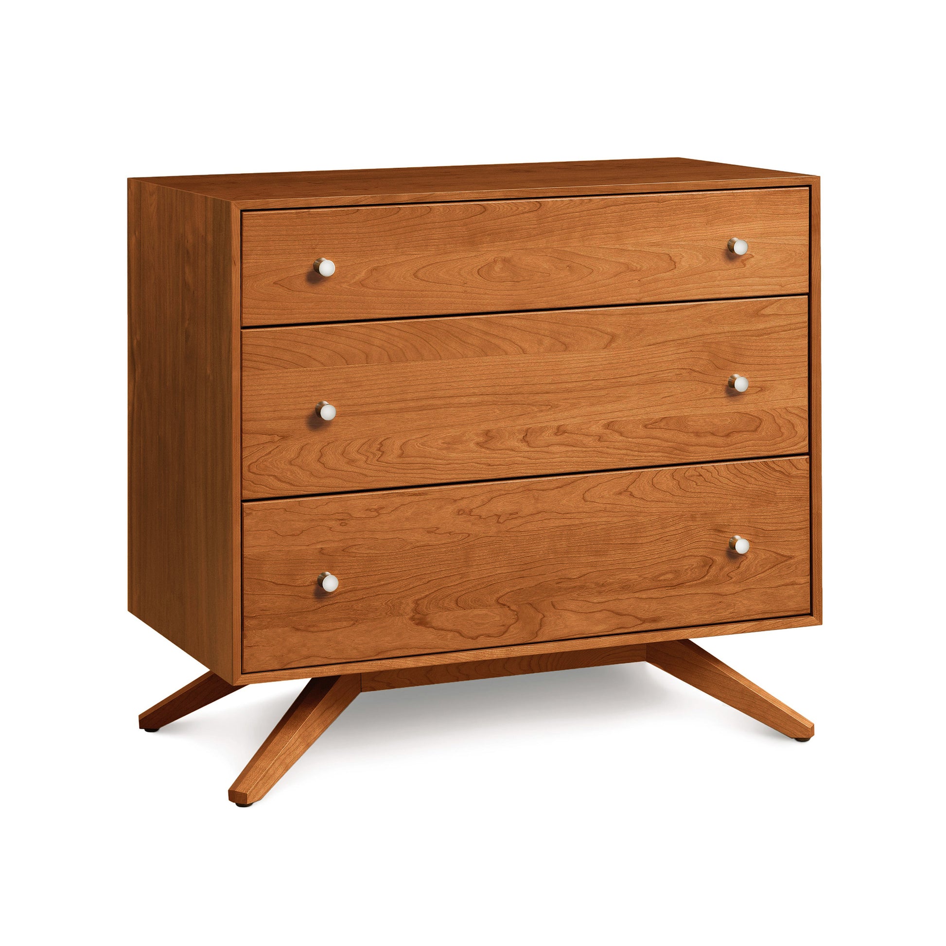 Astrid 3-Drawer Chest by Copeland Furniture, showcasing Mid Century Modern design with a solid hardwood frame, angled legs, and silver knobs.