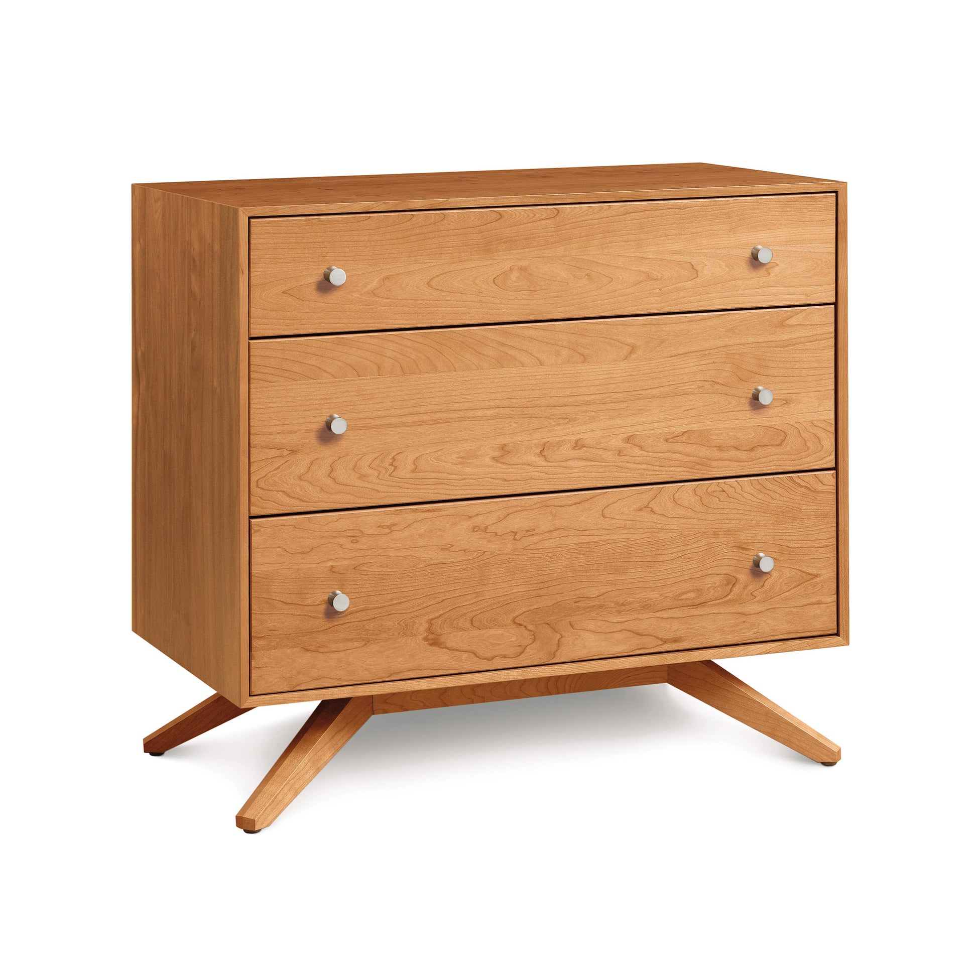 Astrid 3-Drawer Chest by Copeland Furniture, Mid Century Modern style with solid hardwood, sleek knobs, and angled legs in a light finish.