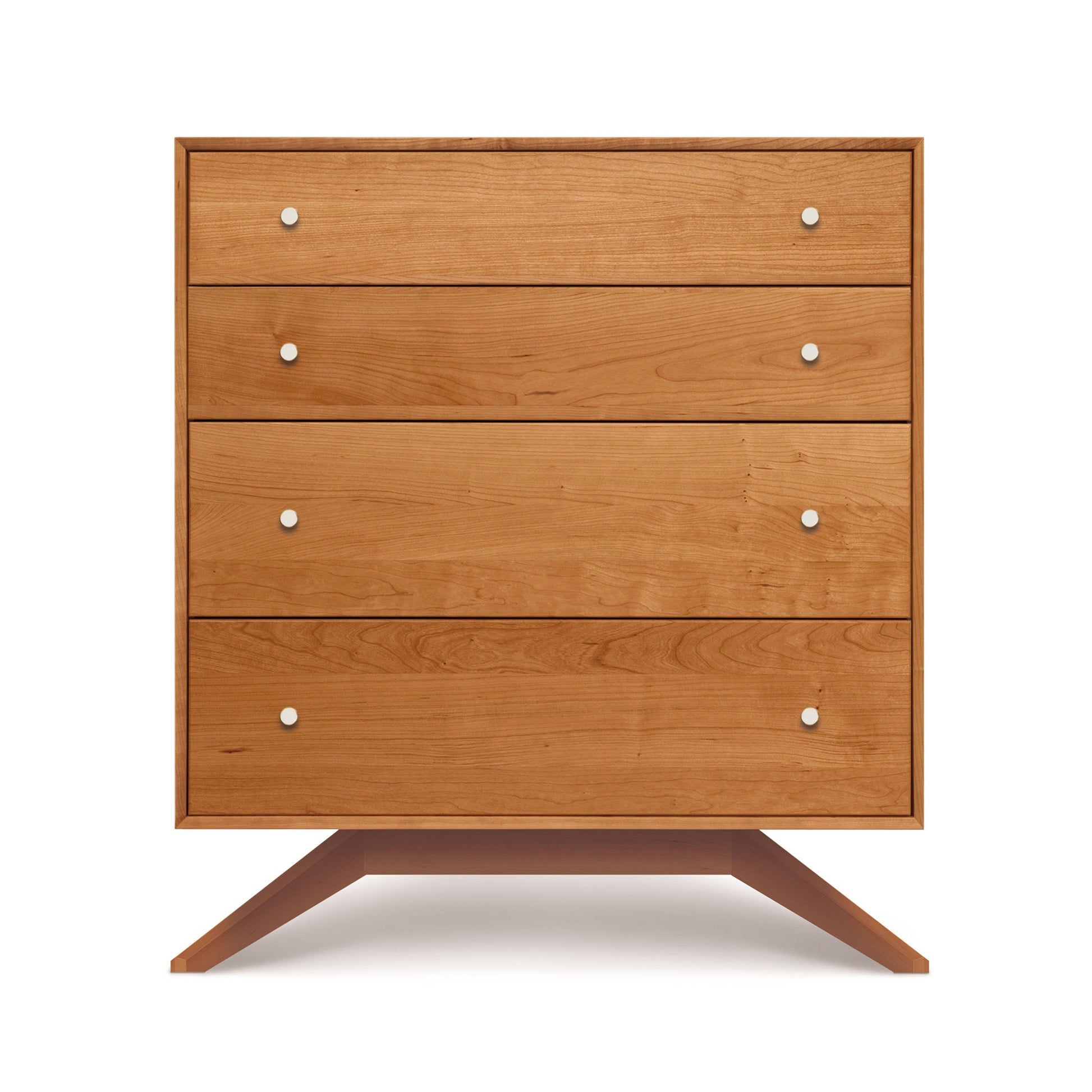 A hardwood Copeland Furniture Astrid 4-Drawer Chest with round white knobs, standing on angled legs against a white background.