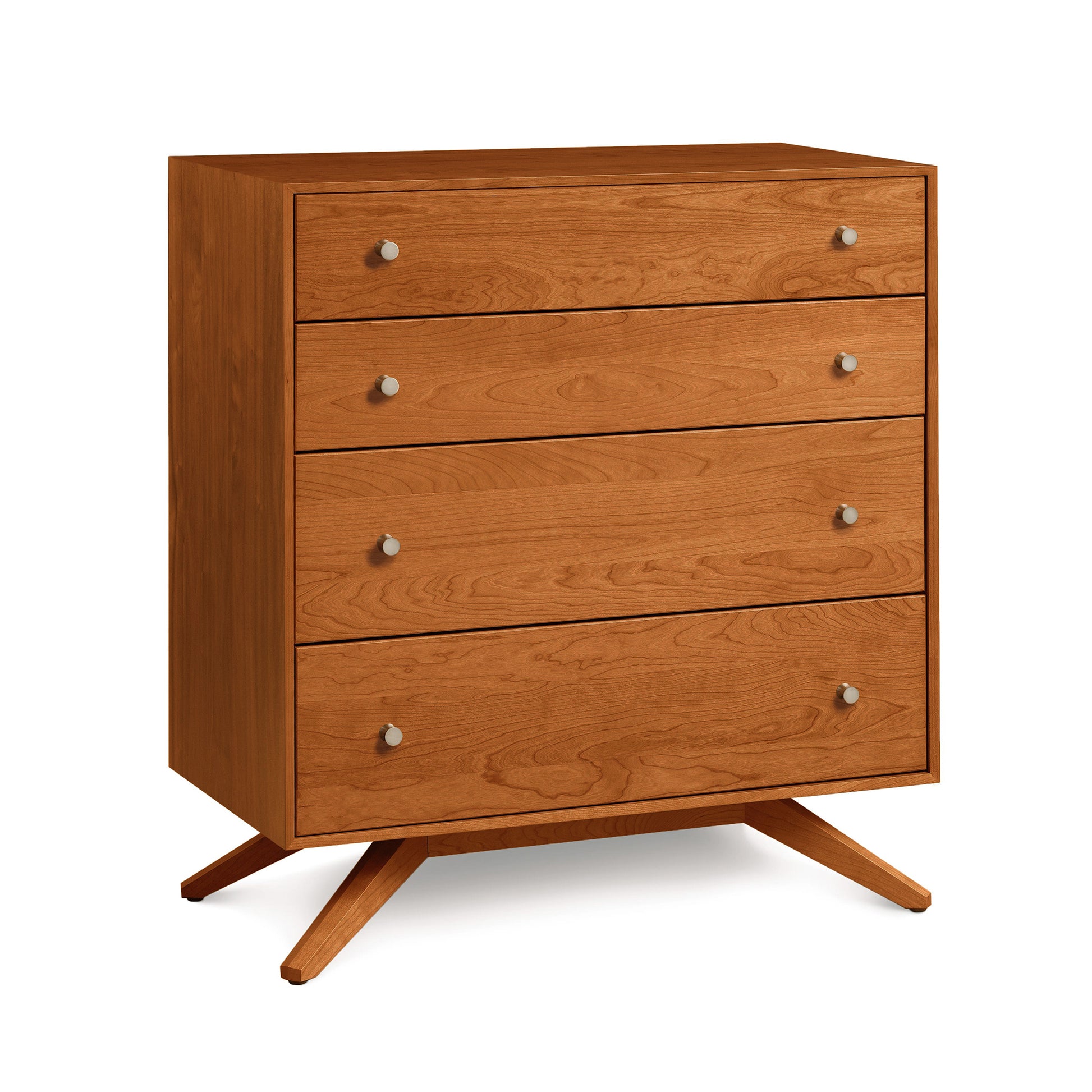 A hardwood Copeland Furniture Astrid 4-Drawer Chest with splayed legs isolated on a white background.