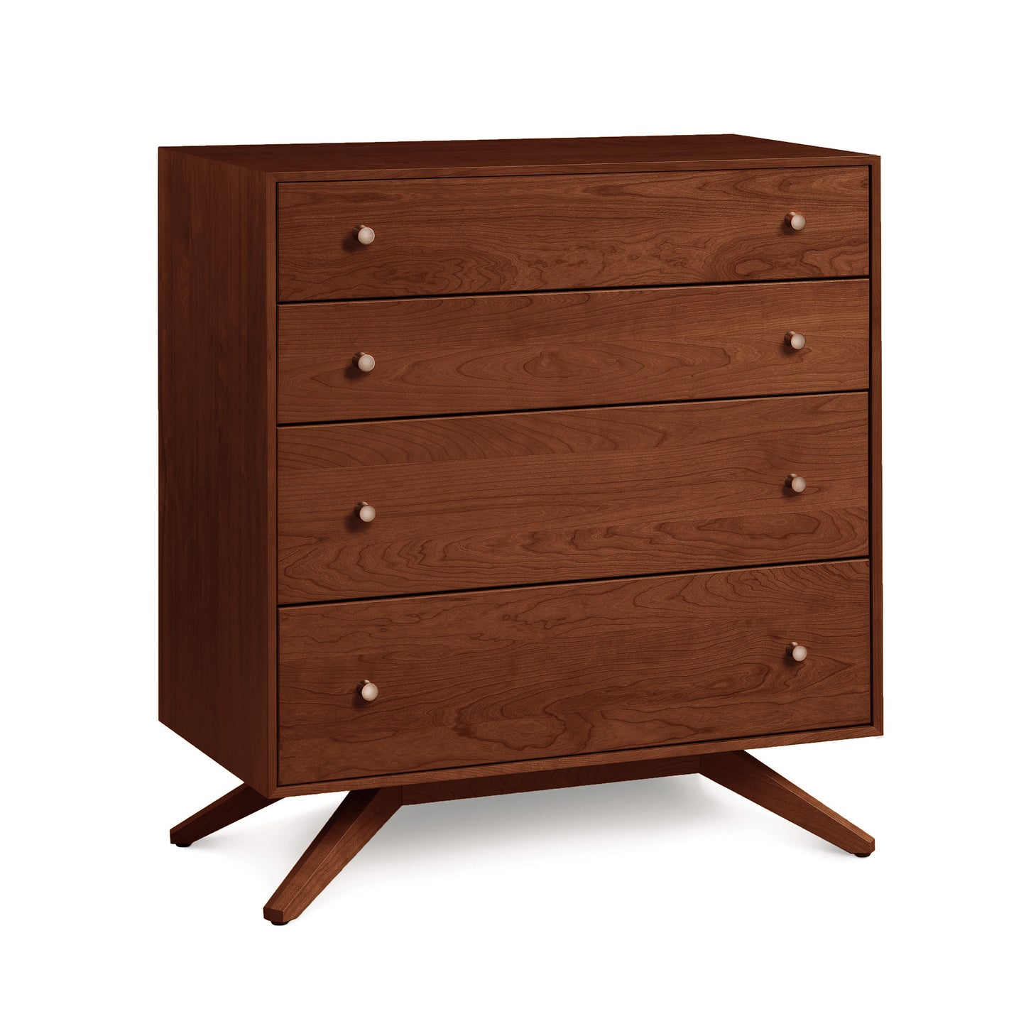 Astrid 4-Drawer Chest by Copeland Furniture with round metal handles, angled legs, and eco-friendly brown-finished wood.