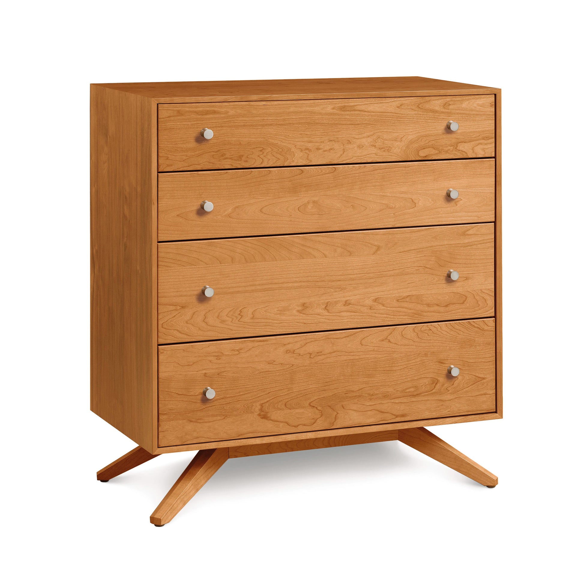 A hardwood Astrid 4-Drawer Chest from Copeland Furniture with a simple design and angled legs, isolated on a white background.
