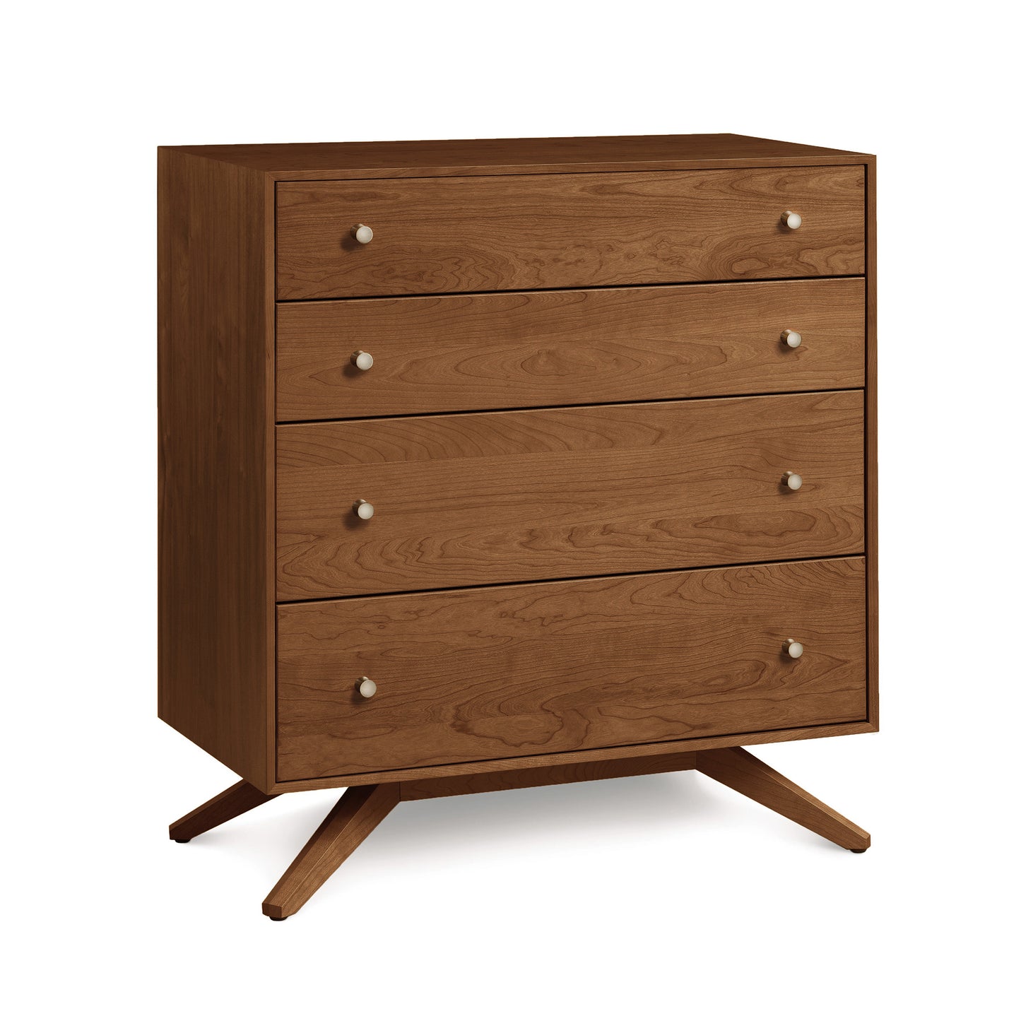 Astrid 4-Drawer Chest by Copeland Furniture in solid hardwood with silver knobs and angled legs.