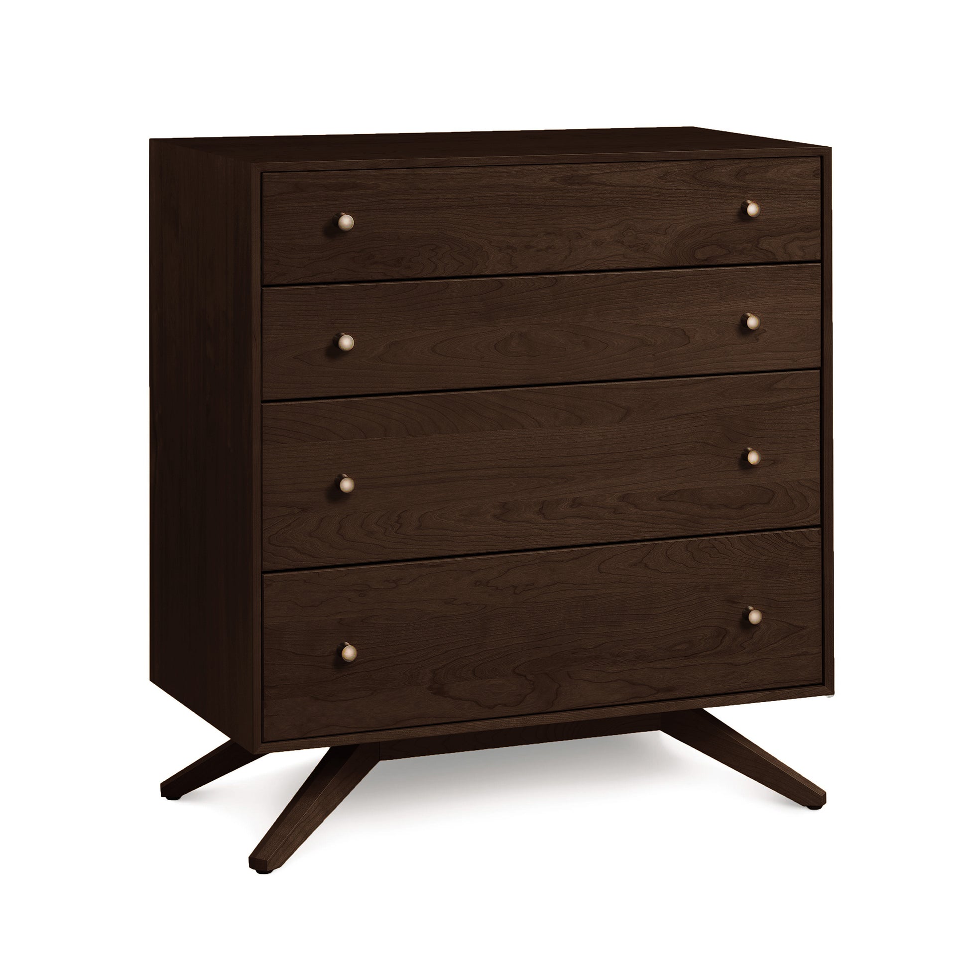 A dark brown hardwood dresser with four drawers and angled legs, named Copeland Furniture's Astrid 4-Drawer Chest.