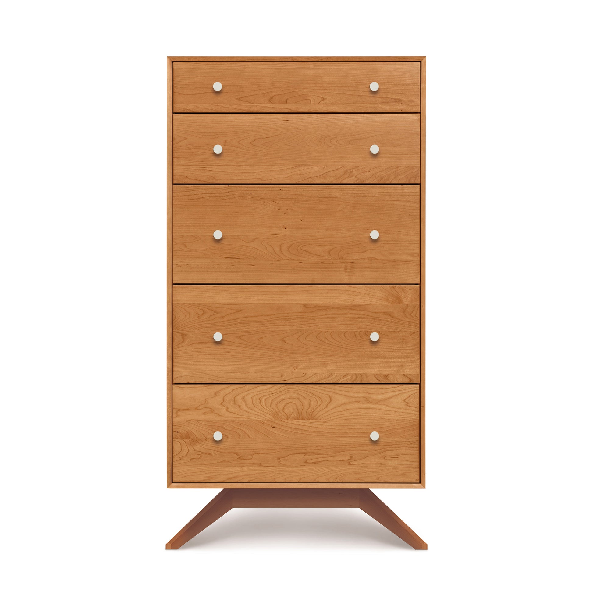 Astrid 5-Drawer Chest by Copeland Furniture, solid cherry with metal knobs and splayed legs, contemporary design.