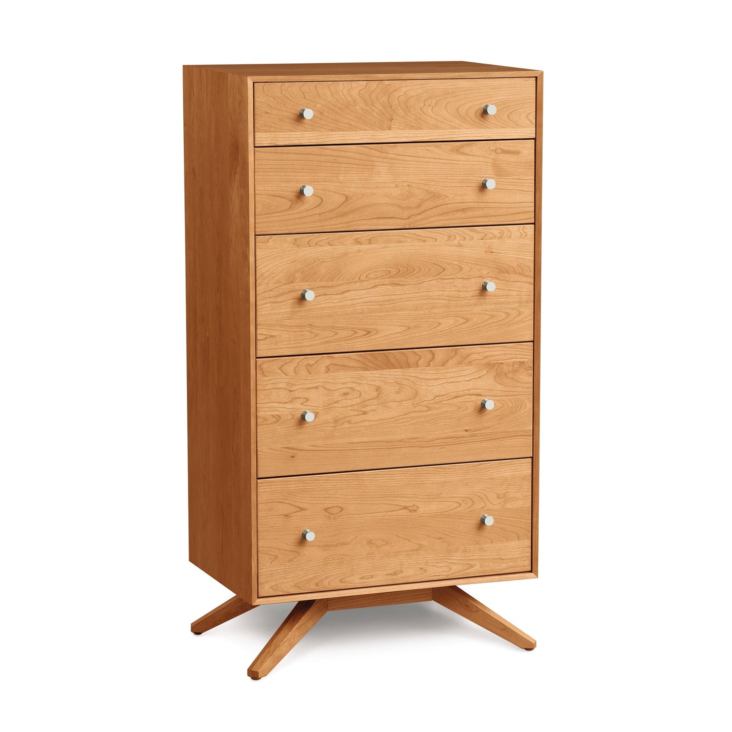 A wooden chest of drawers on a white background.