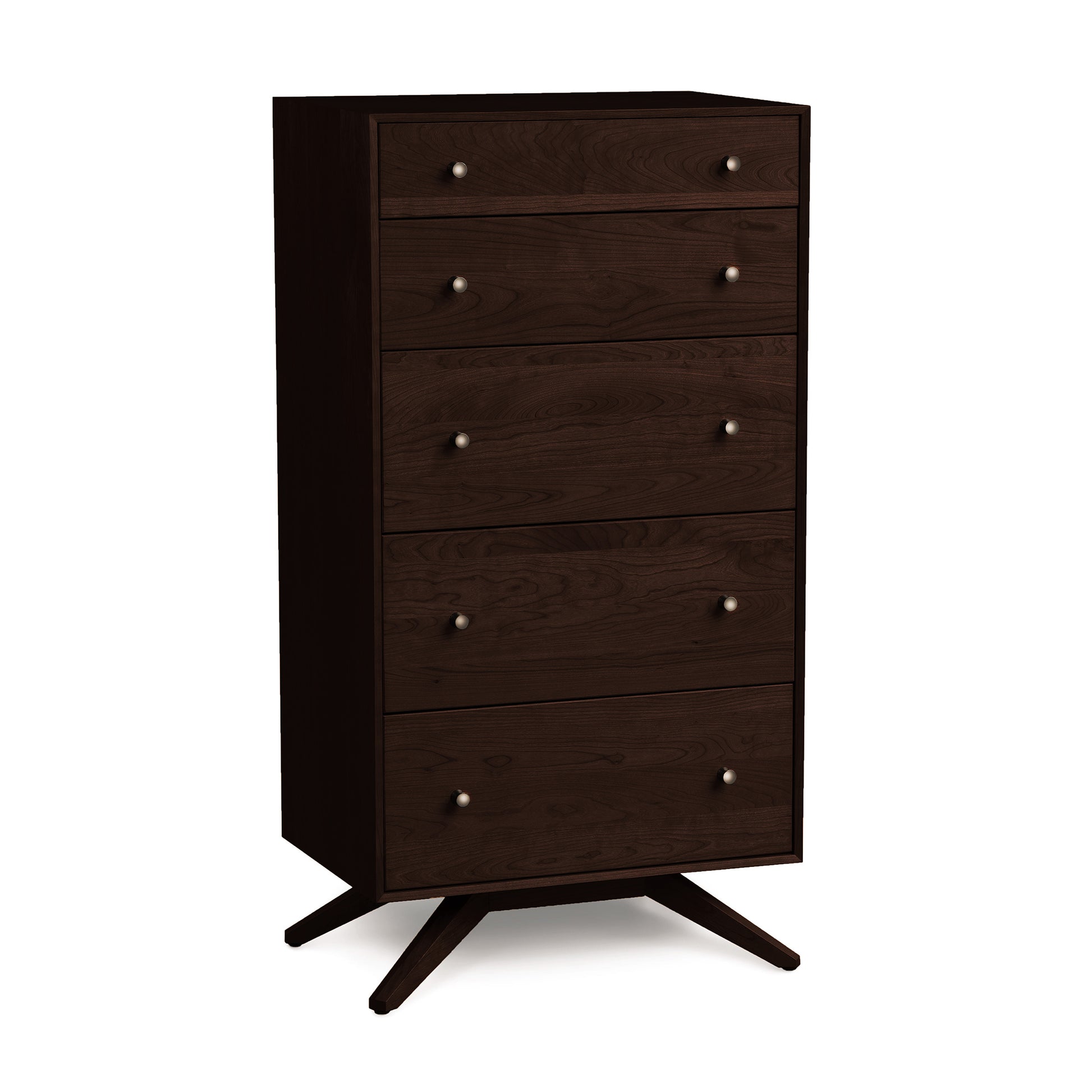 Astrid 5-Drawer Chest by Copeland Furniture in solid cherry wood with angled legs and round handles, highlighting exceptional Vermont craftsmanship.