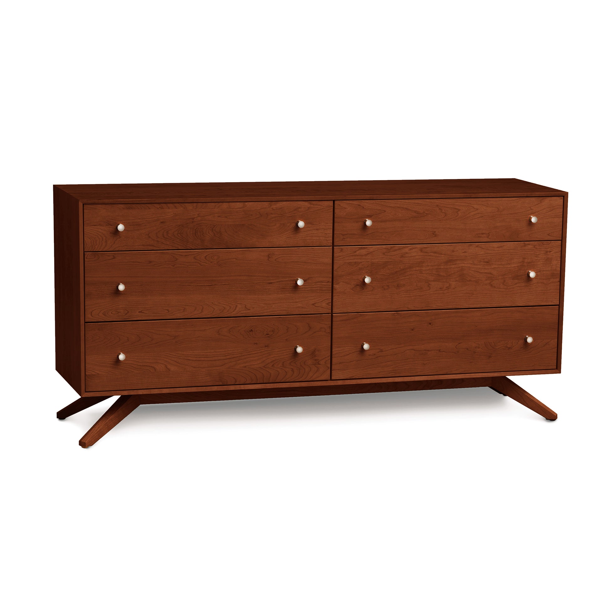 Astrid 6-Drawer Dresser by Copeland Furniture in sustainable cherry with round knobs and four angled legs.