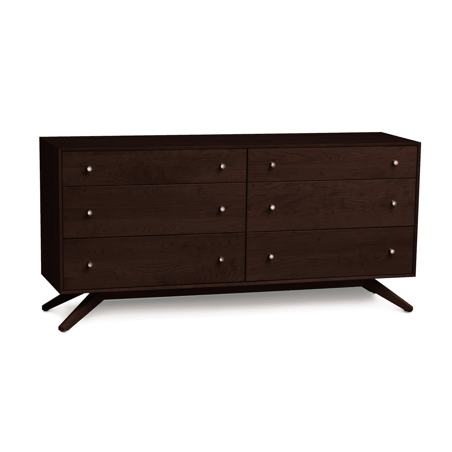 Copeland Furniture Astrid 6-Drawer Dresser in solid cherry hardwood with round knobs and distinctive eco-friendly A-shaped legs.