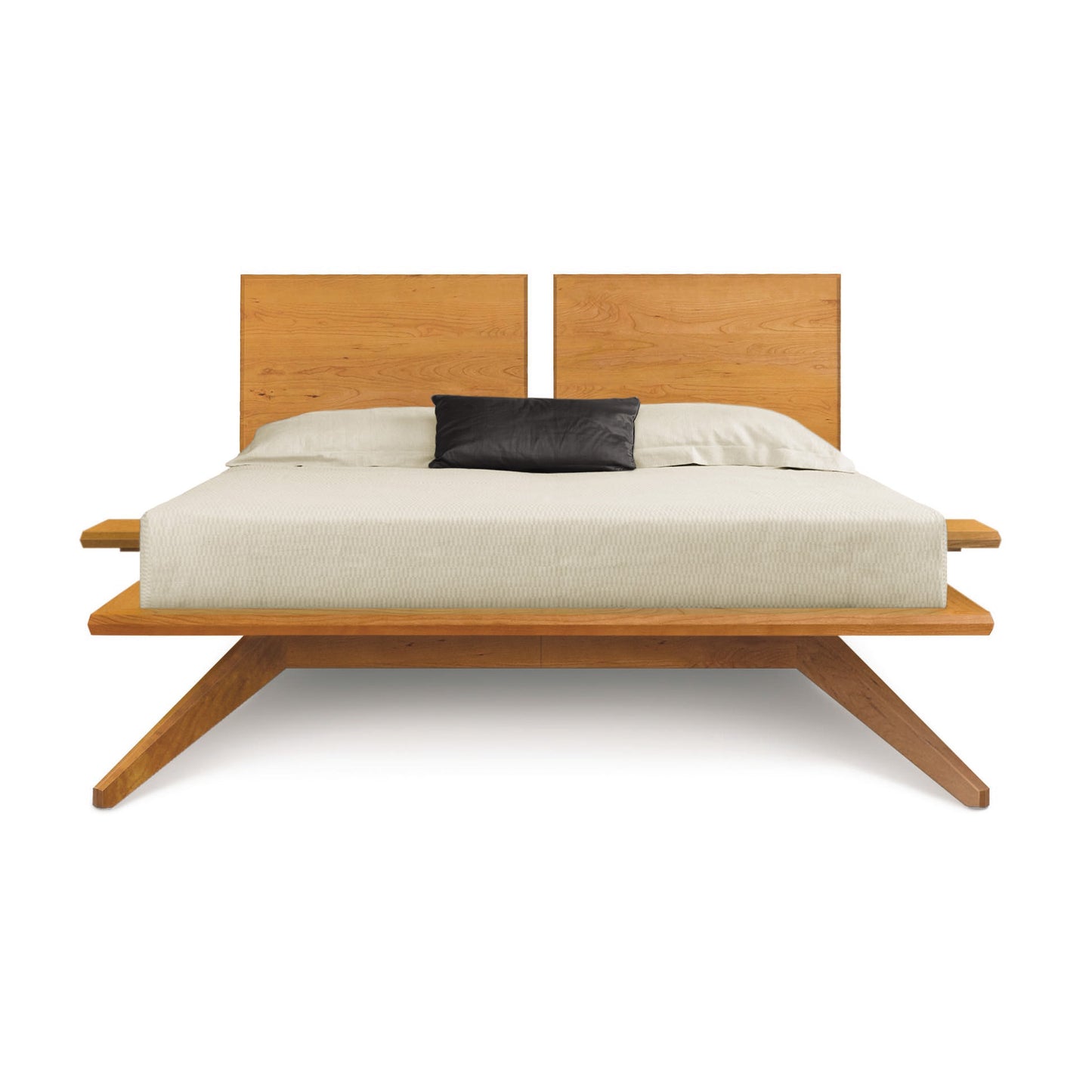 Astrid Platform Bed by Copeland Furniture, mid-century modern style with angled headboard, crafted from sustainable hardwood.