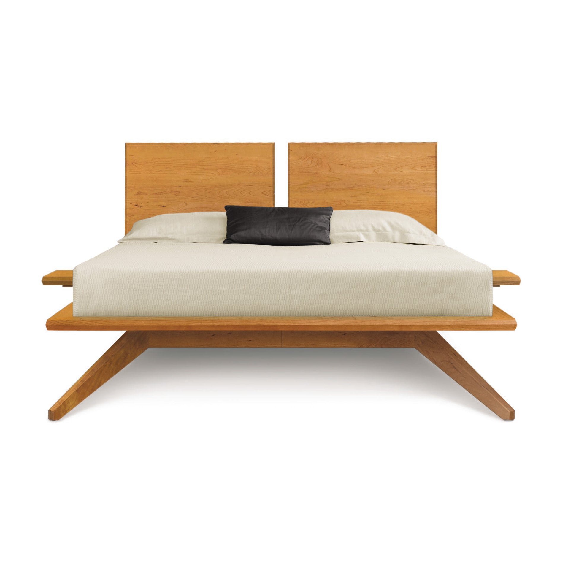 Astrid Platform Bed by Copeland Furniture, mid-century modern style with angled headboard, crafted from sustainable hardwood.