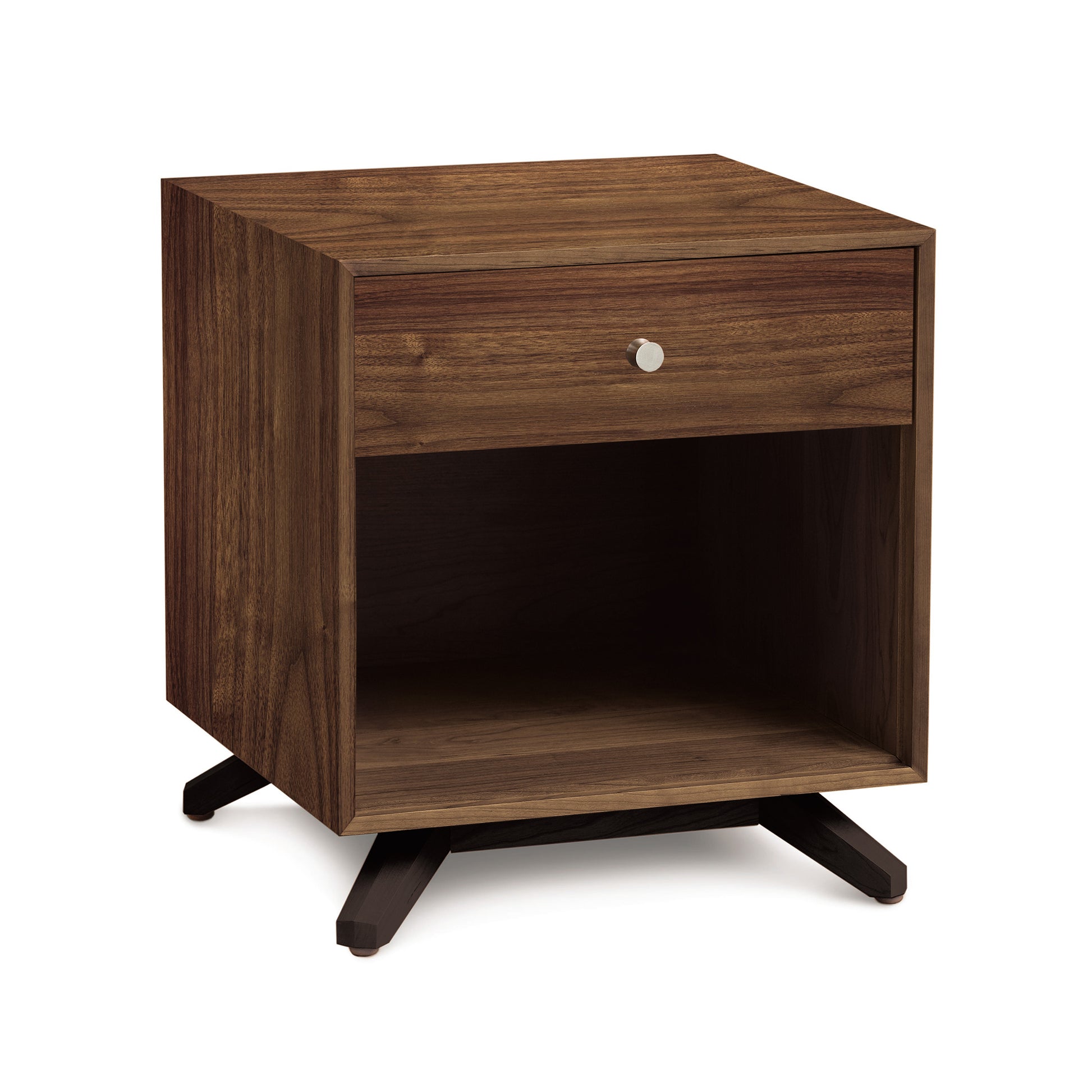 Copeland Furniture Astrid Nightstand crafted in Vermont hardwood with a drawer, enclosed shelf, silver knob, and distinctive angled legs.