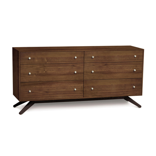 Astrid 6-Drawer Dresser by Copeland Furniture, showcasing solid cherry craftsmanship with distinctive angled legs and sleek metallic knobs.