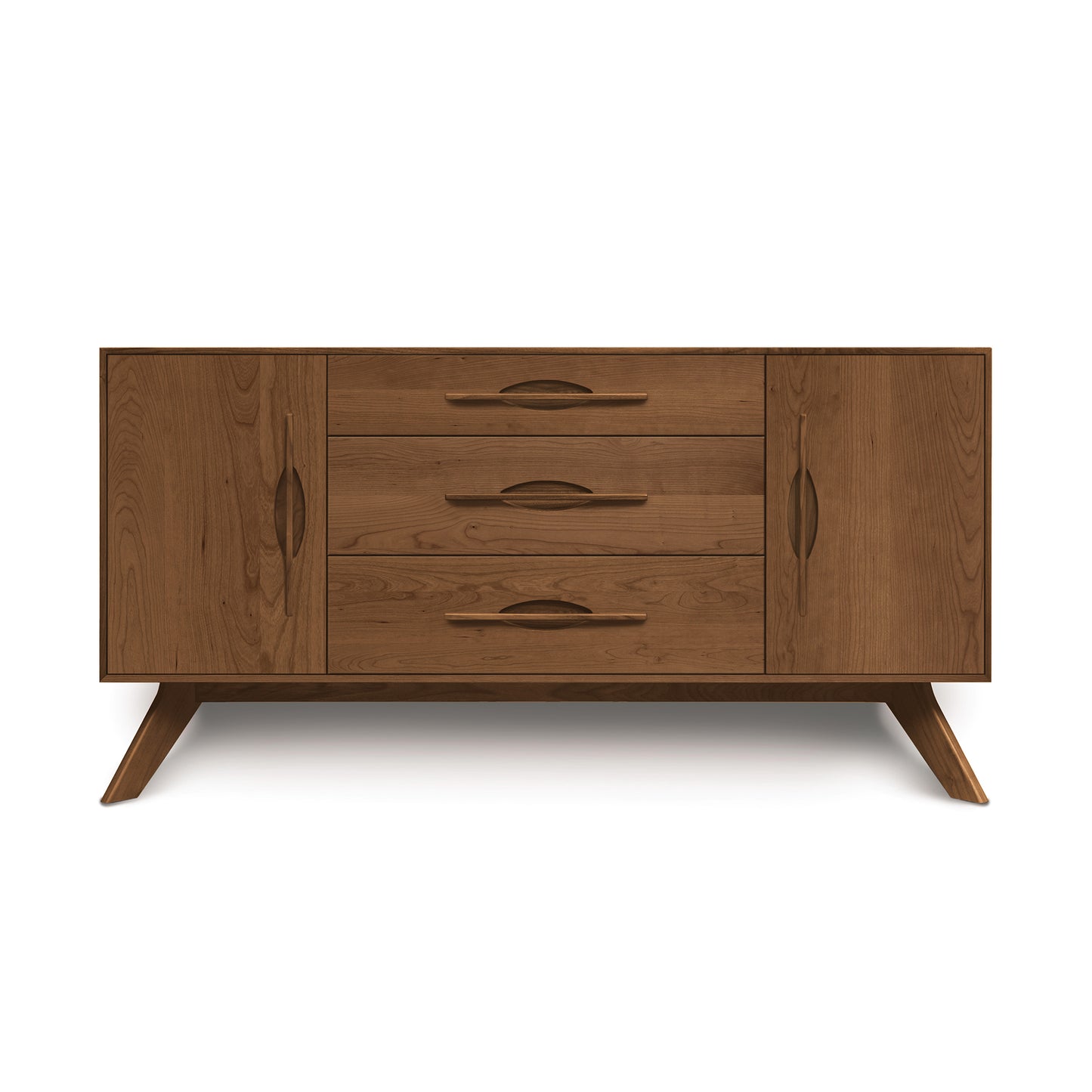 Copeland Audrey 2-Door 3-Drawer Buffet in natural American hardwood, featuring clean lines and distinctive angled legs, expertly crafted in Vermont.