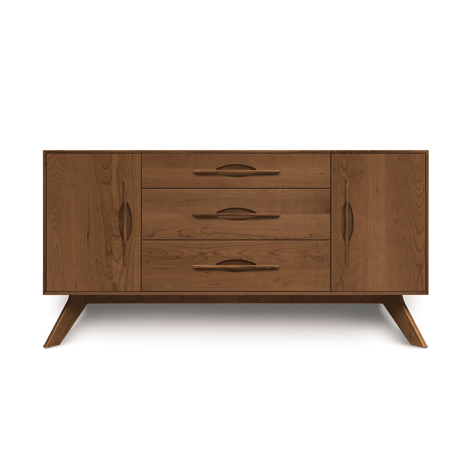 Copeland Audrey 2-Door 3-Drawer Buffet in natural American hardwood, featuring clean lines and distinctive angled legs, expertly crafted in Vermont.