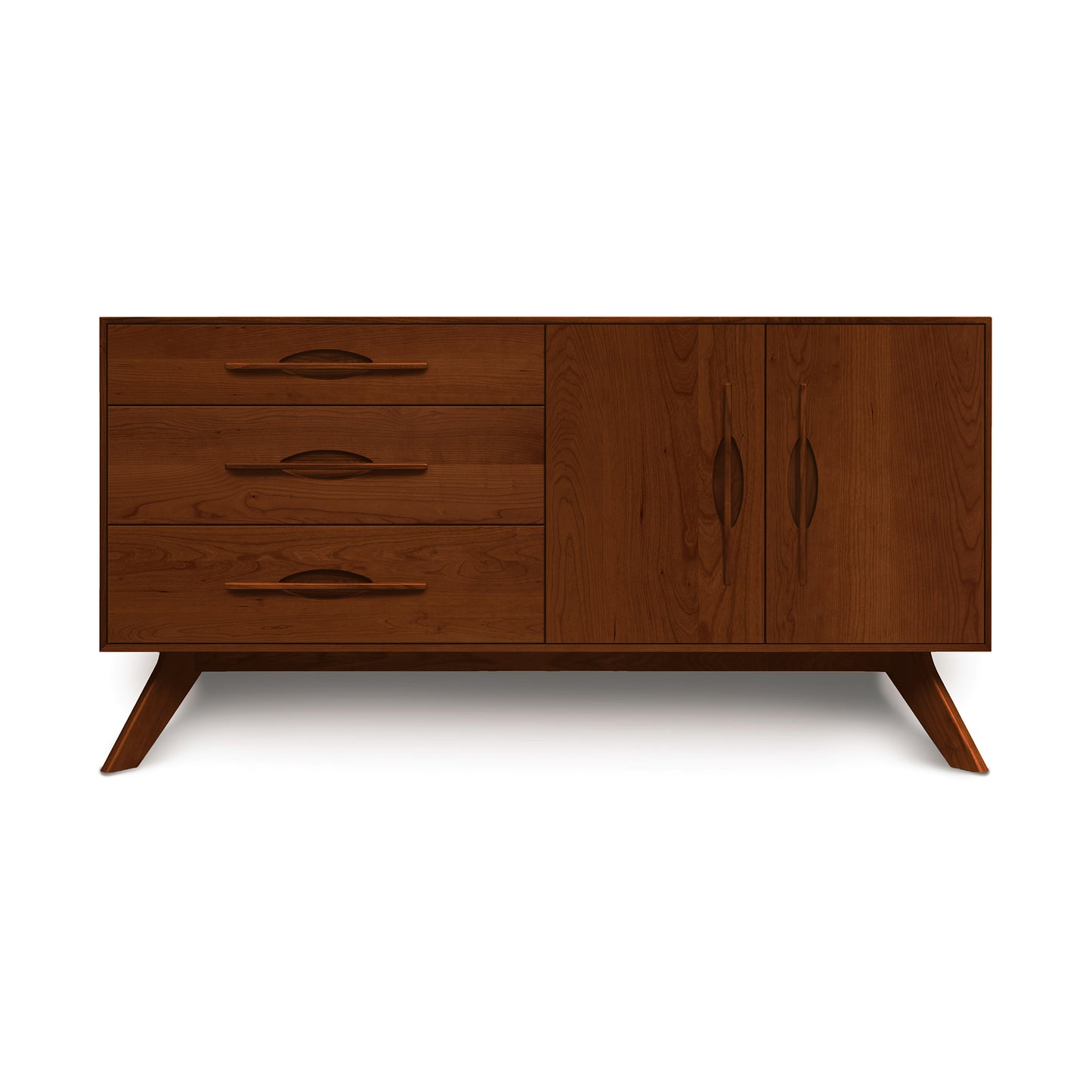 Copeland Furniture Audrey Buffet featuring two doors, three drawers, and angled legs, crafted from solid American hardwoods in Vermont.
