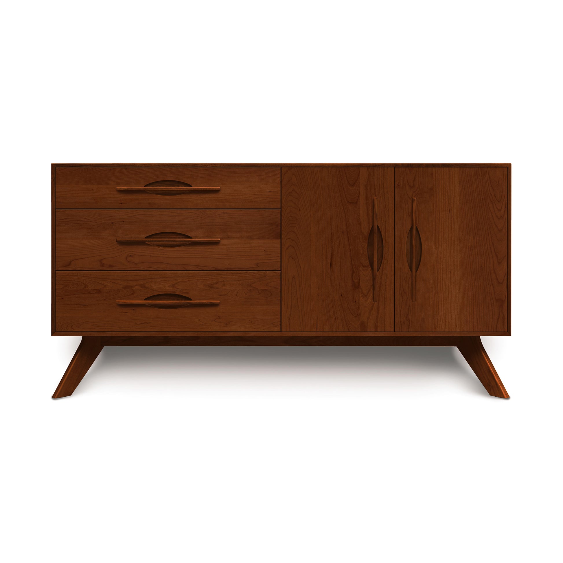 Copeland Furniture Audrey Buffet featuring two doors, three drawers, and angled legs, crafted from solid American hardwoods in Vermont.