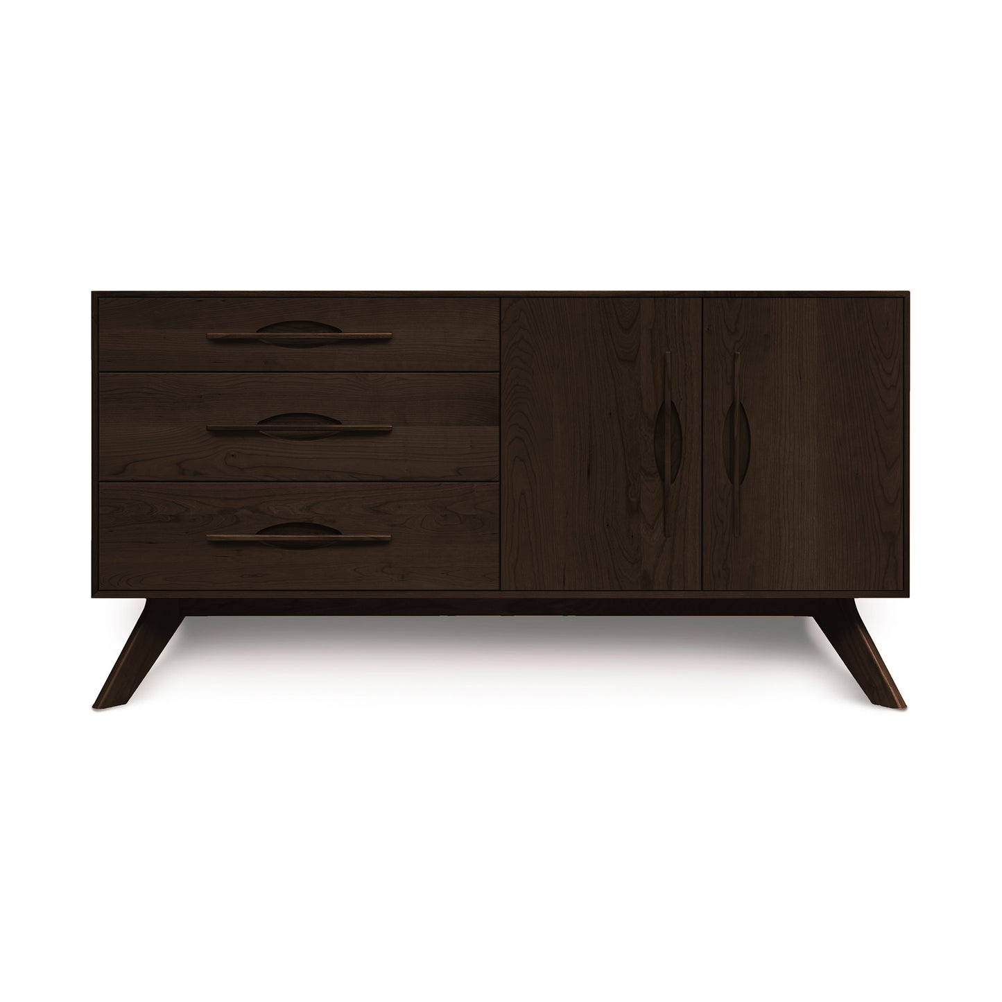 Copeland Audrey 2-Door 3-Drawer Buffet with angled legs, three drawers, and two cabinet doors, expertly handcrafted from solid wood in Vermont.