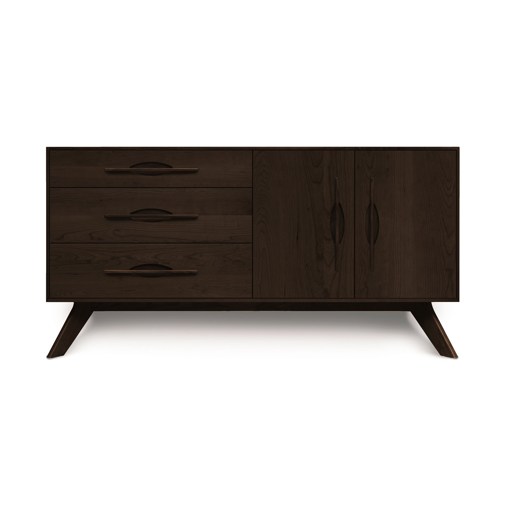 Copeland Audrey 2-Door 3-Drawer Buffet with angled legs, three drawers, and two cabinet doors, expertly handcrafted from solid wood in Vermont.