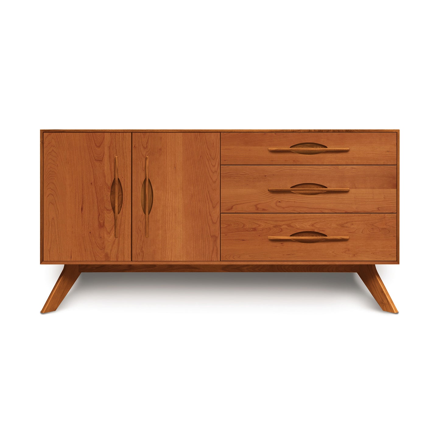 A Copeland Furniture handmade mid-century modern style Audrey 2-Door 3-Drawer Buffet with sliding doors and tapered legs.