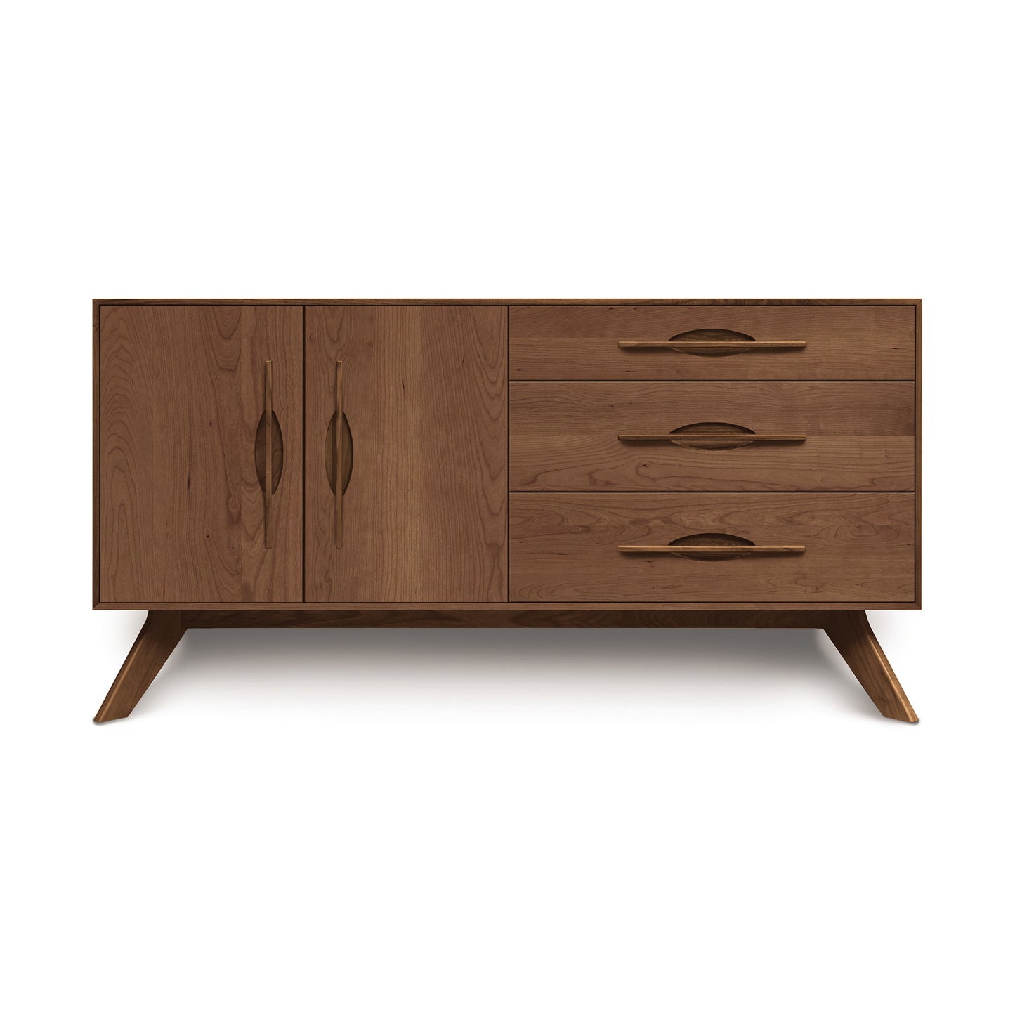 Copeland Furniture Audrey buffet featuring two doors, three drawers, angled legs, and curved handles in Vermont-crafted American hardwood.