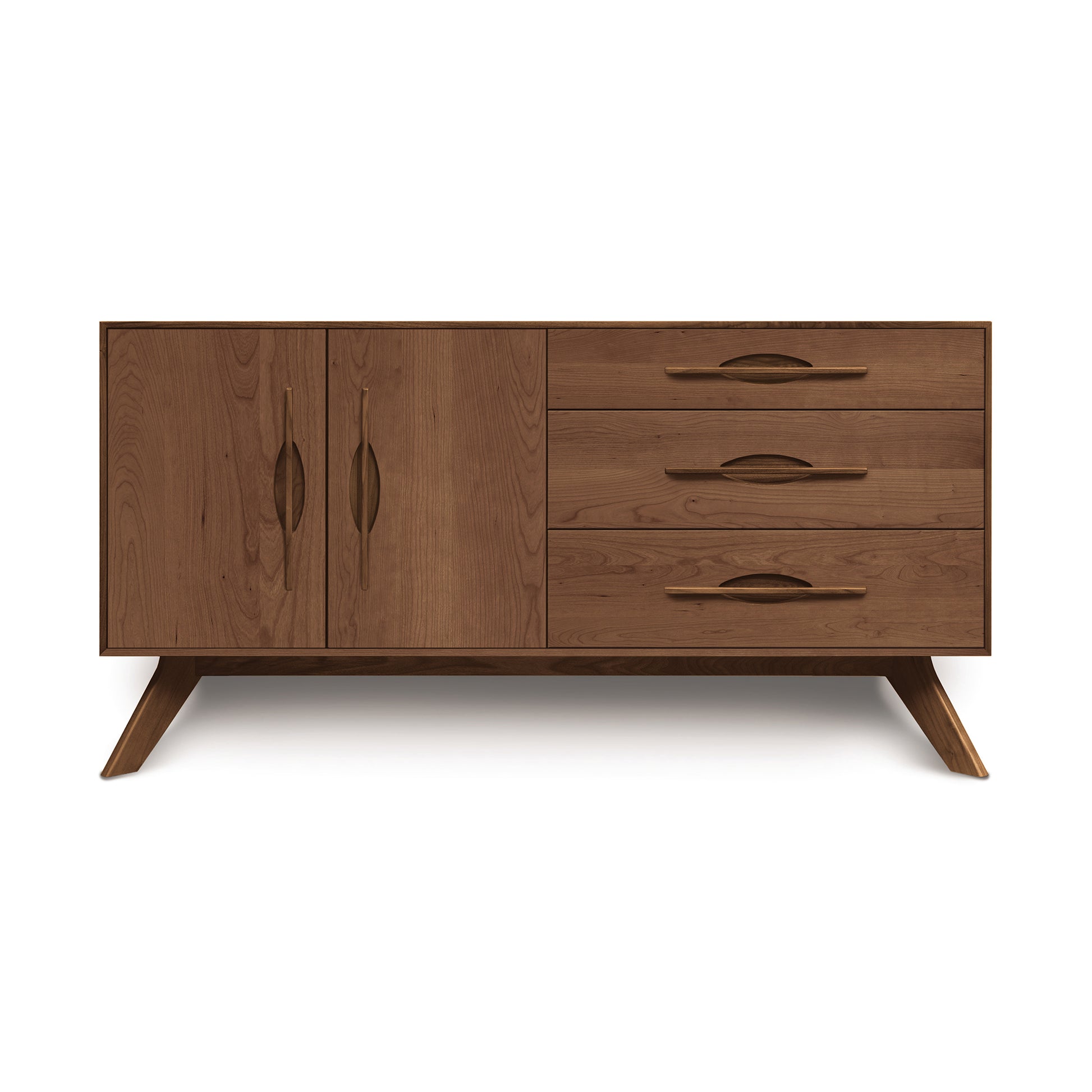 Copeland Furniture Audrey buffet featuring two doors, three drawers, angled legs, and curved handles in Vermont-crafted American hardwood.