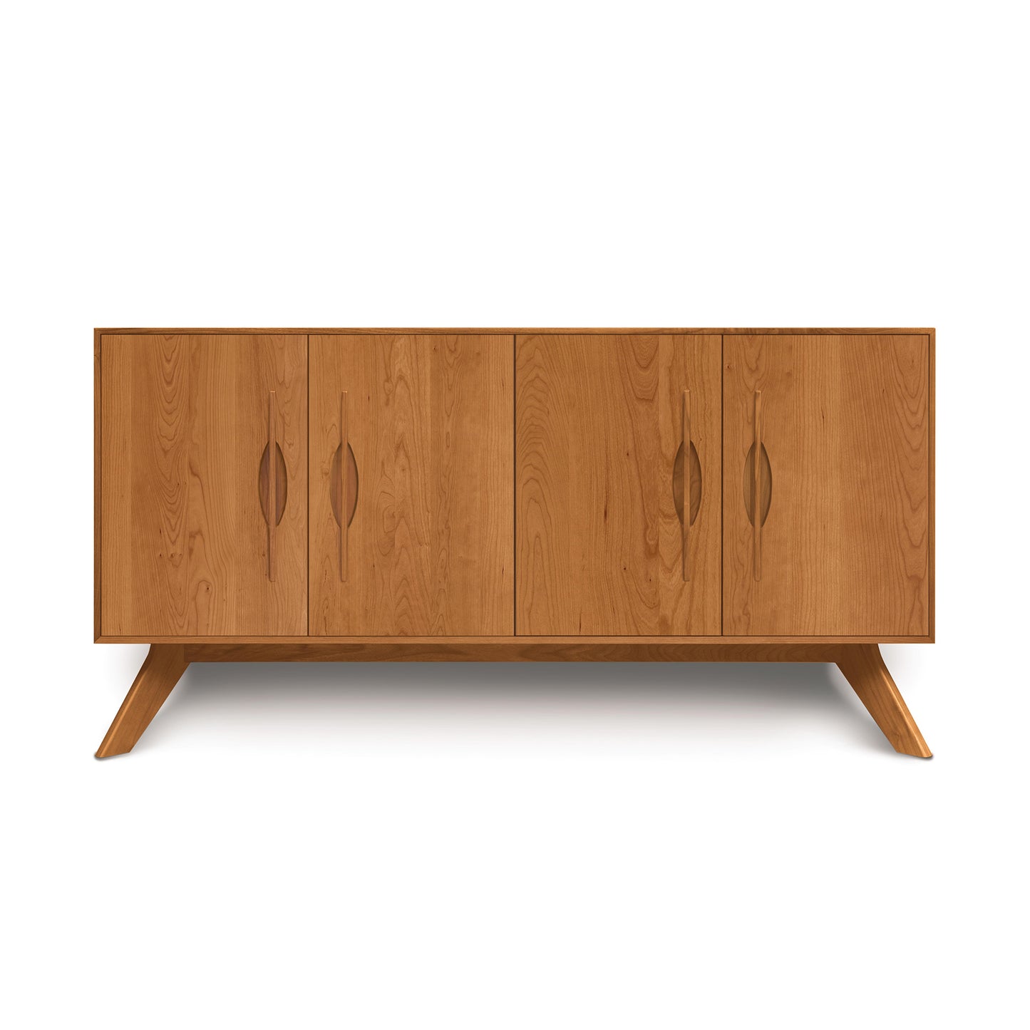 Copeland Furniture Audrey 4-Door Buffet with angled legs and natural wood finish, highlighting the buffet’s elegant design and craftsmanship.