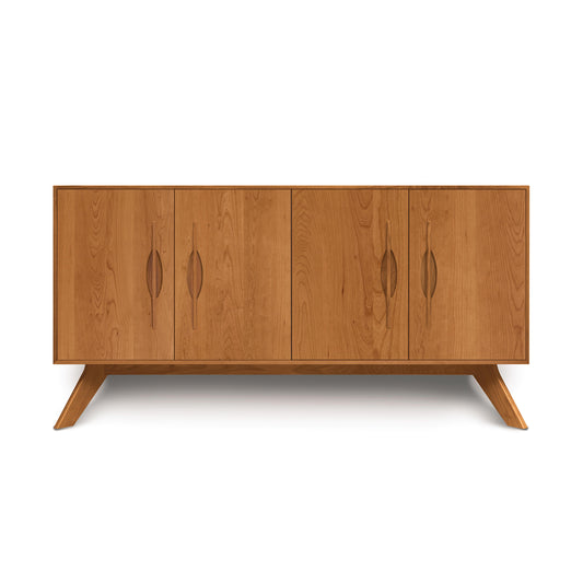 Copeland Furniture Audrey 4-Door Buffet with angled legs and natural wood finish, highlighting the buffet’s elegant design and craftsmanship.
