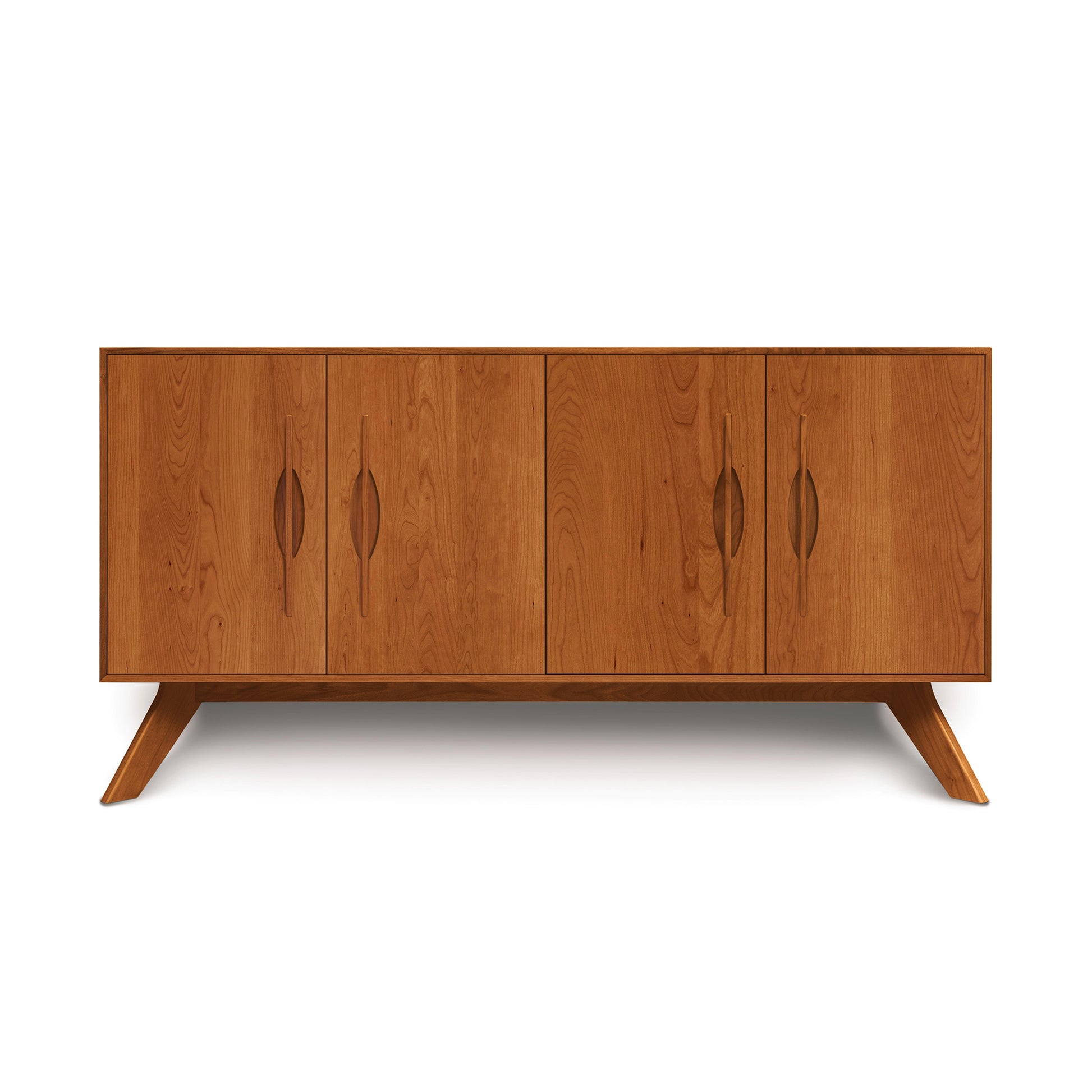 A handcrafted mid-century modern wooden Copeland Furniture Audrey 4-Door Buffet with four doors on angled legs.