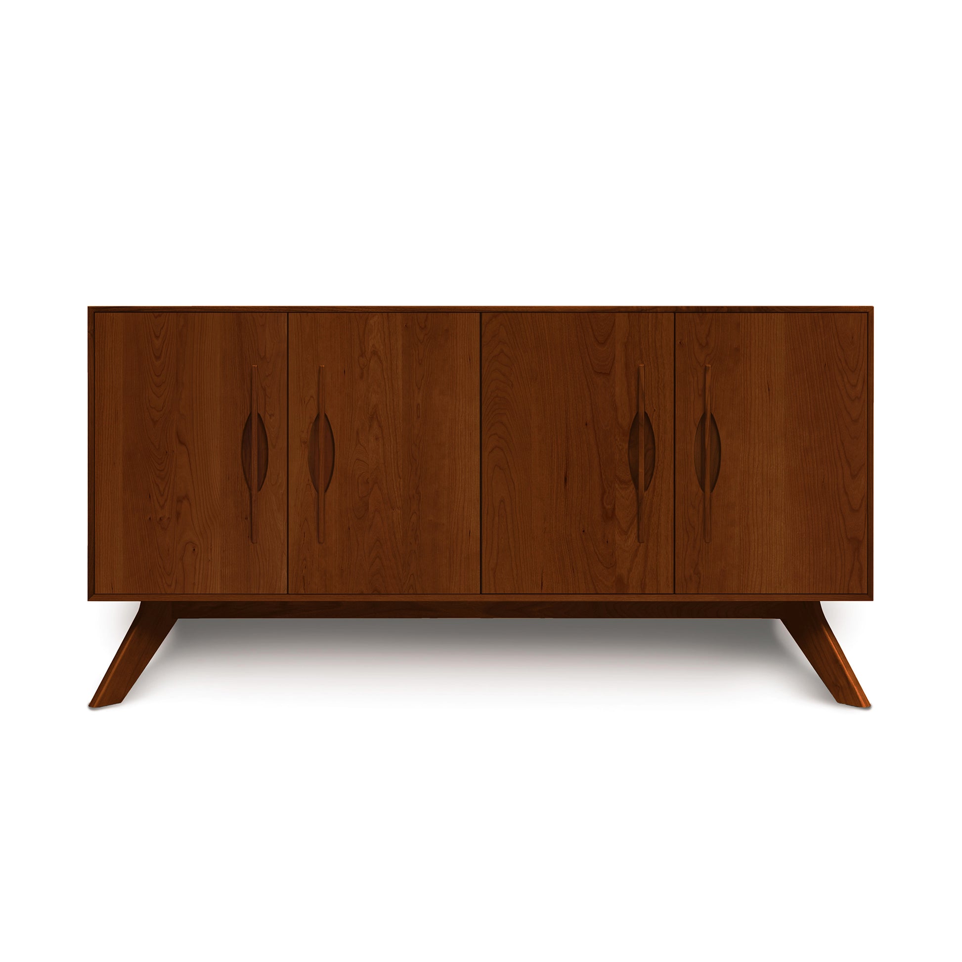 Audrey 4-Door Buffet by Copeland Furniture in solid wood, featuring mid-century modern design with angled legs and sleek four-door storage.