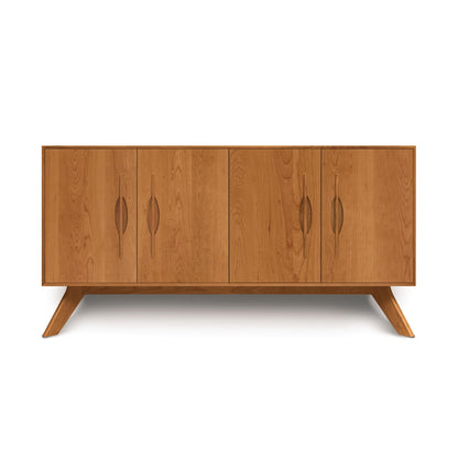A handcrafted Copeland Furniture Audrey 4-Door Buffet, a modern wooden sideboard with four doors and angled legs on a white background.