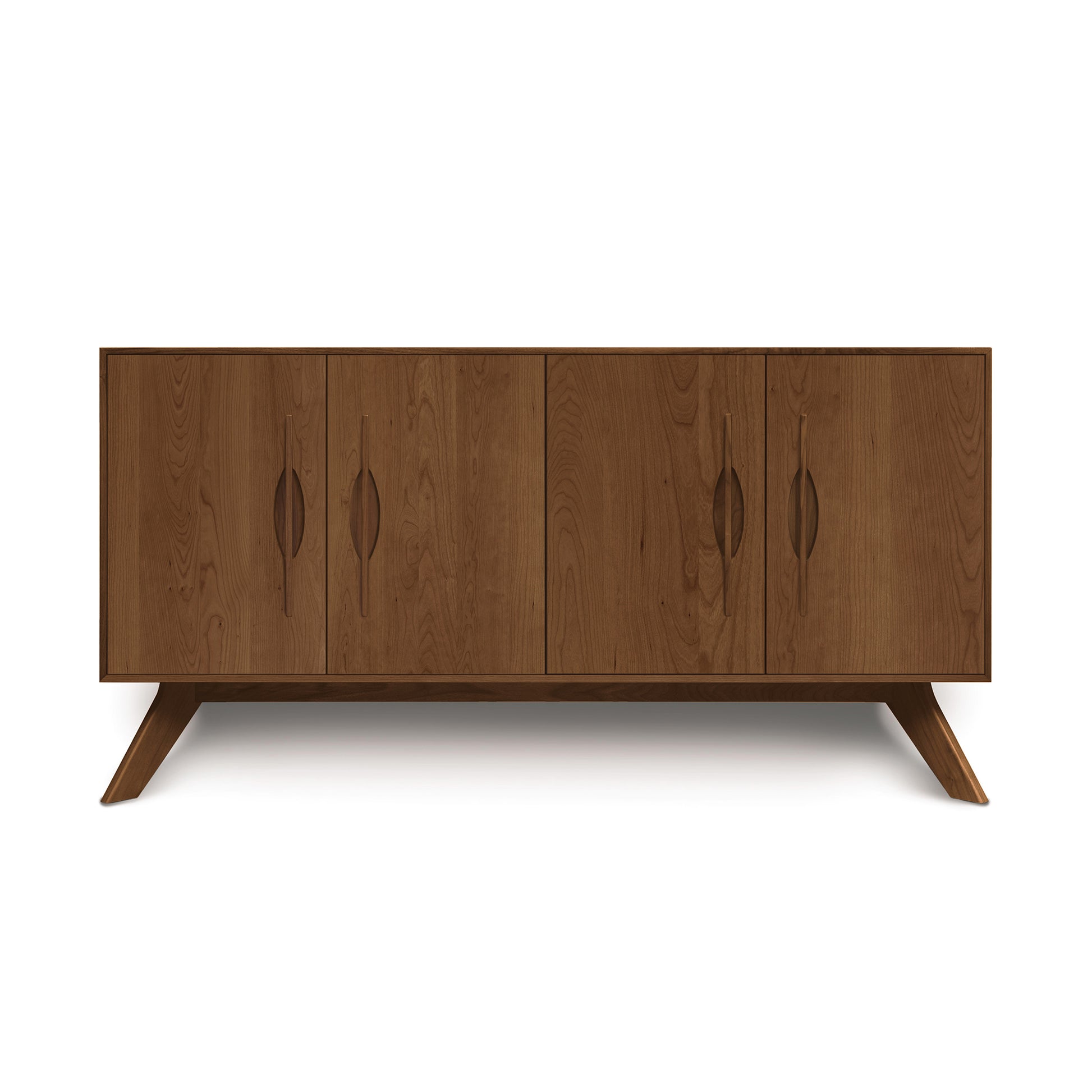 Audrey 4-Door Buffet by Copeland Furniture, crafted in solid wood with mid-century design, featuring distinctive angular legs and elegant curved handles.