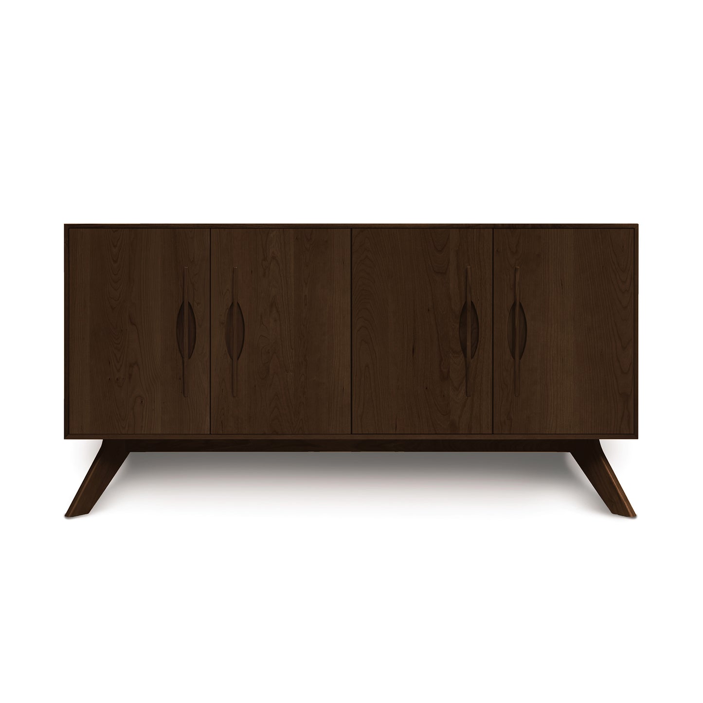 A modern Copeland Furniture Audrey 4-Door Buffet made of solid wood with four doors and angled legs against a white background.