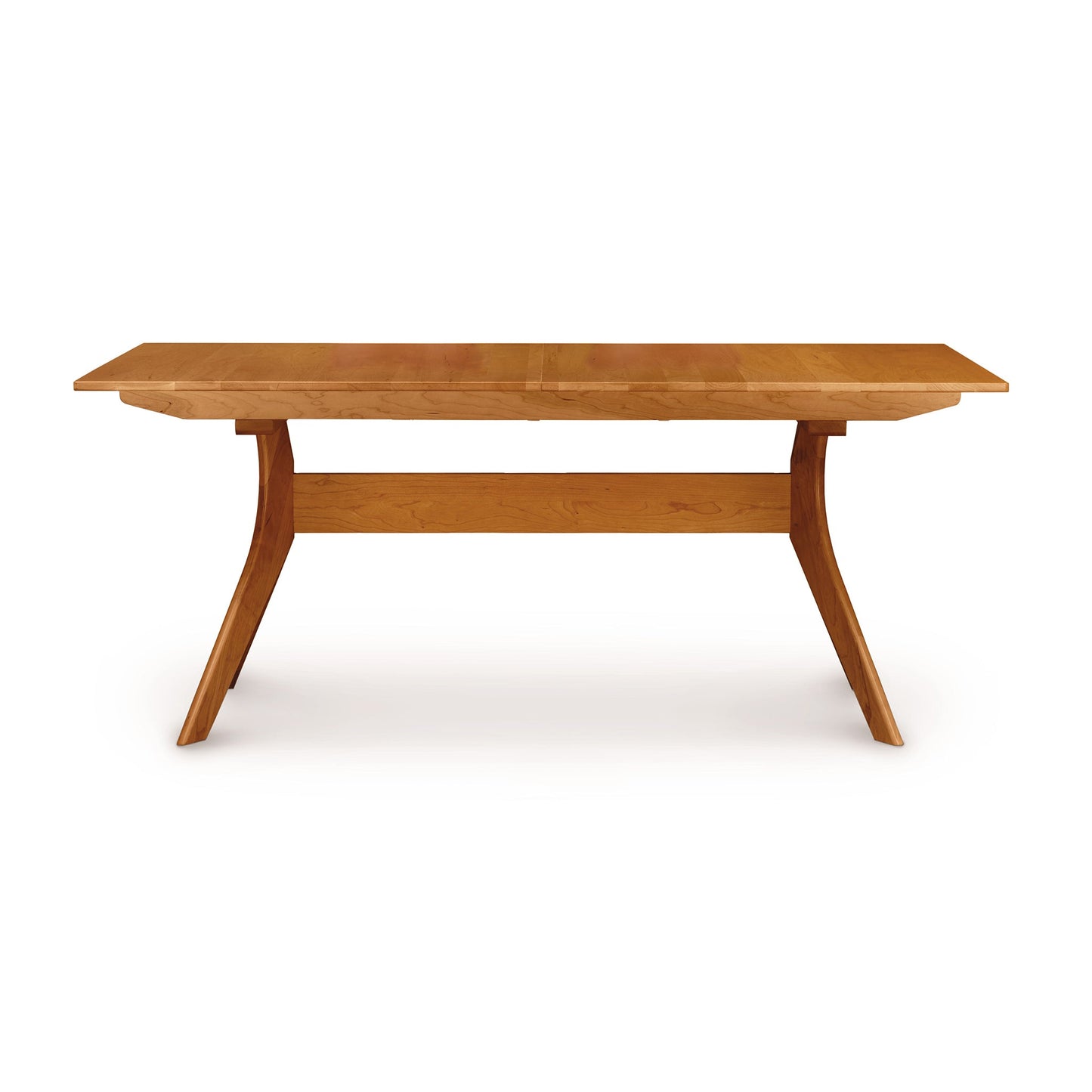 A wooden dining table with a wooden top.