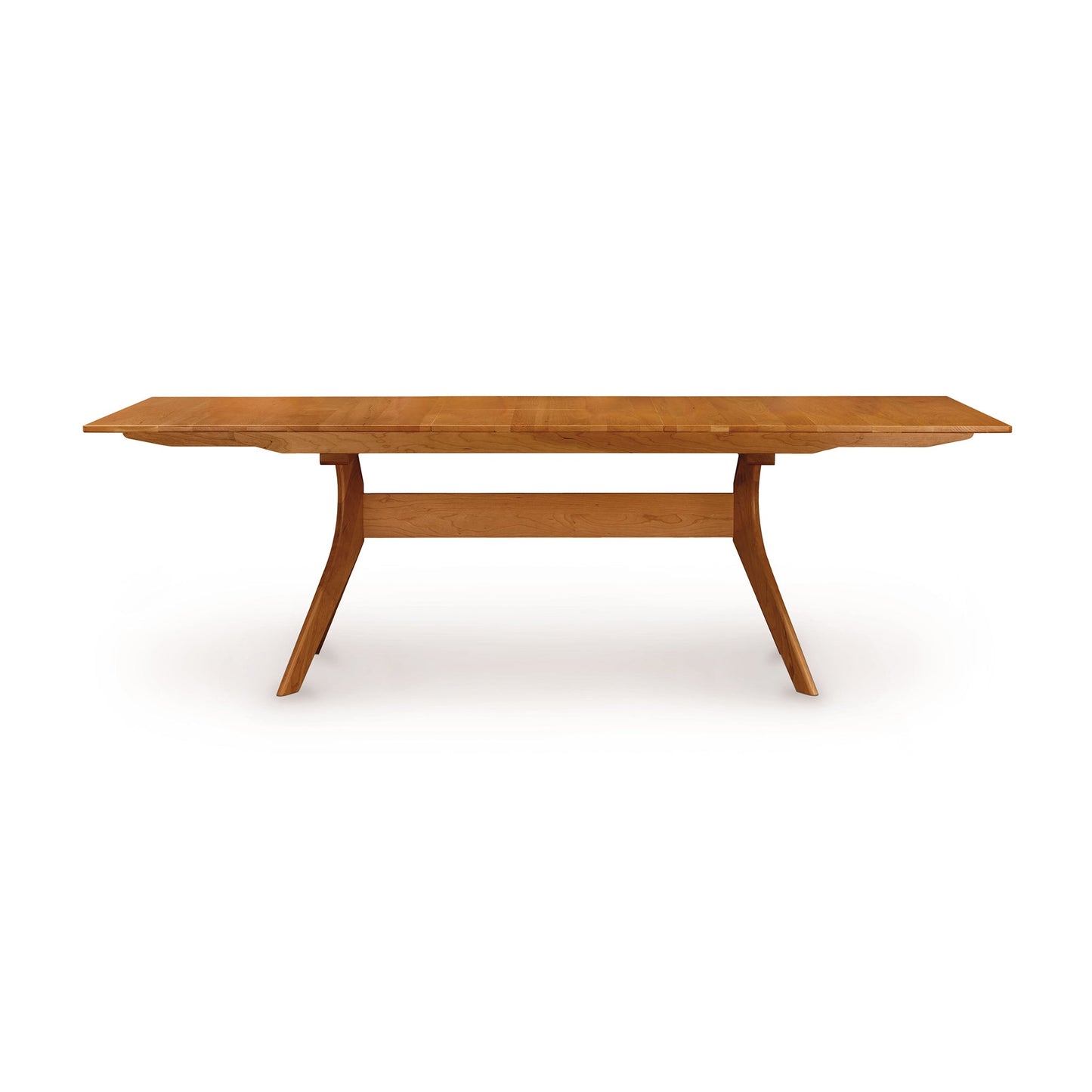 A wooden dining table with a wooden top.
