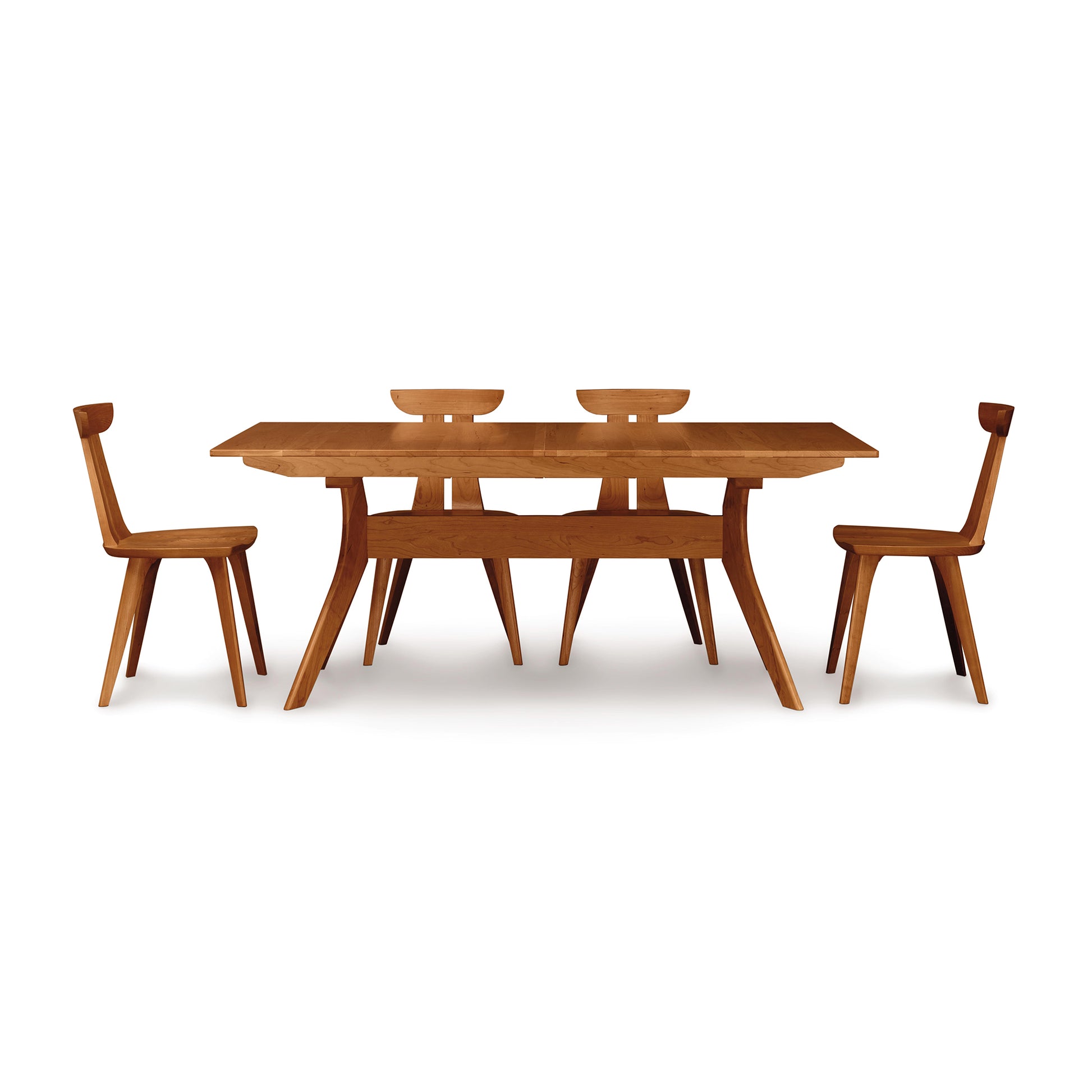 Solid Cherry wood Audrey Extension dining table set with four chairs by Copeland Furniture on a white background.