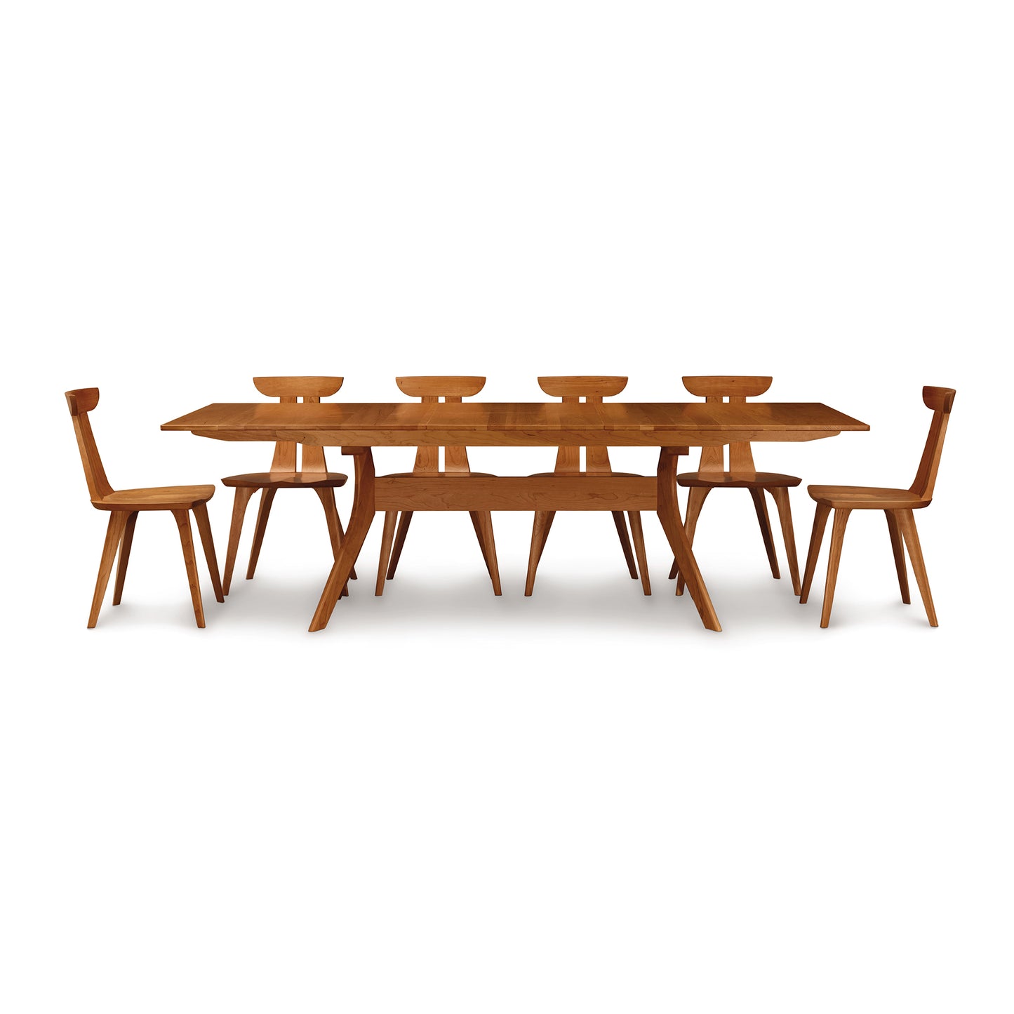 Audrey Extension Dining Table by Copeland Furniture with six mid-century modern chairs, showcasing elegant American craftsmanship.