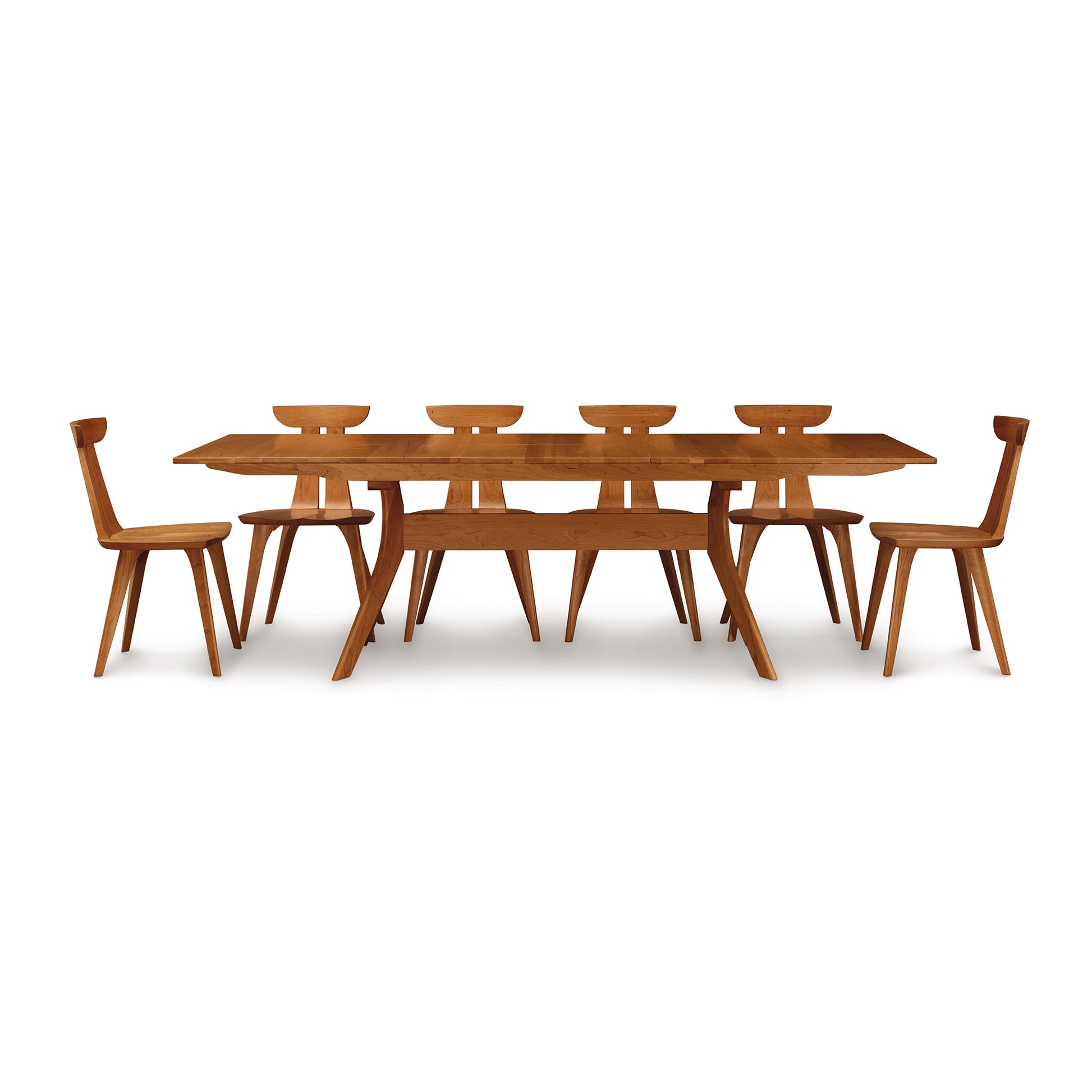 Audrey Extension Dining Table by Copeland Furniture with six mid-century modern chairs, showcasing elegant American craftsmanship.