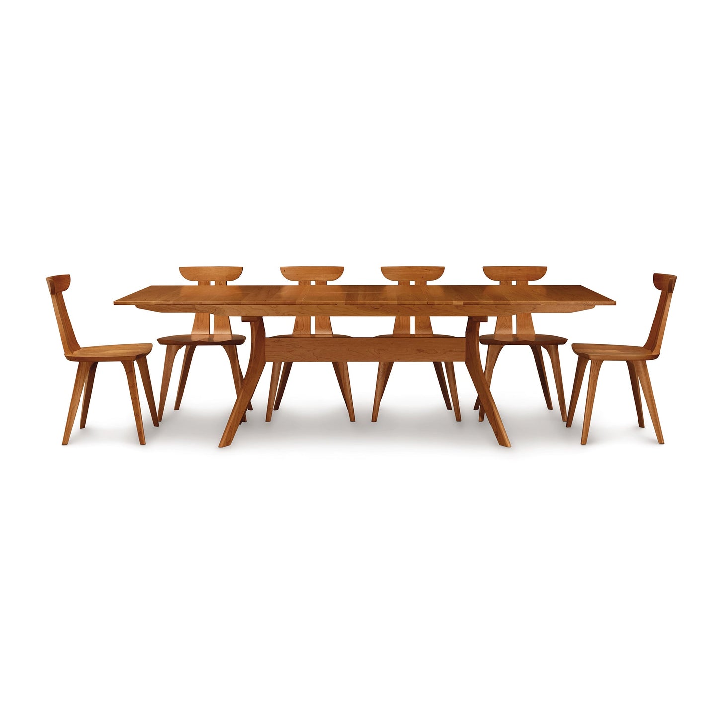 A wooden dining table with six chairs.