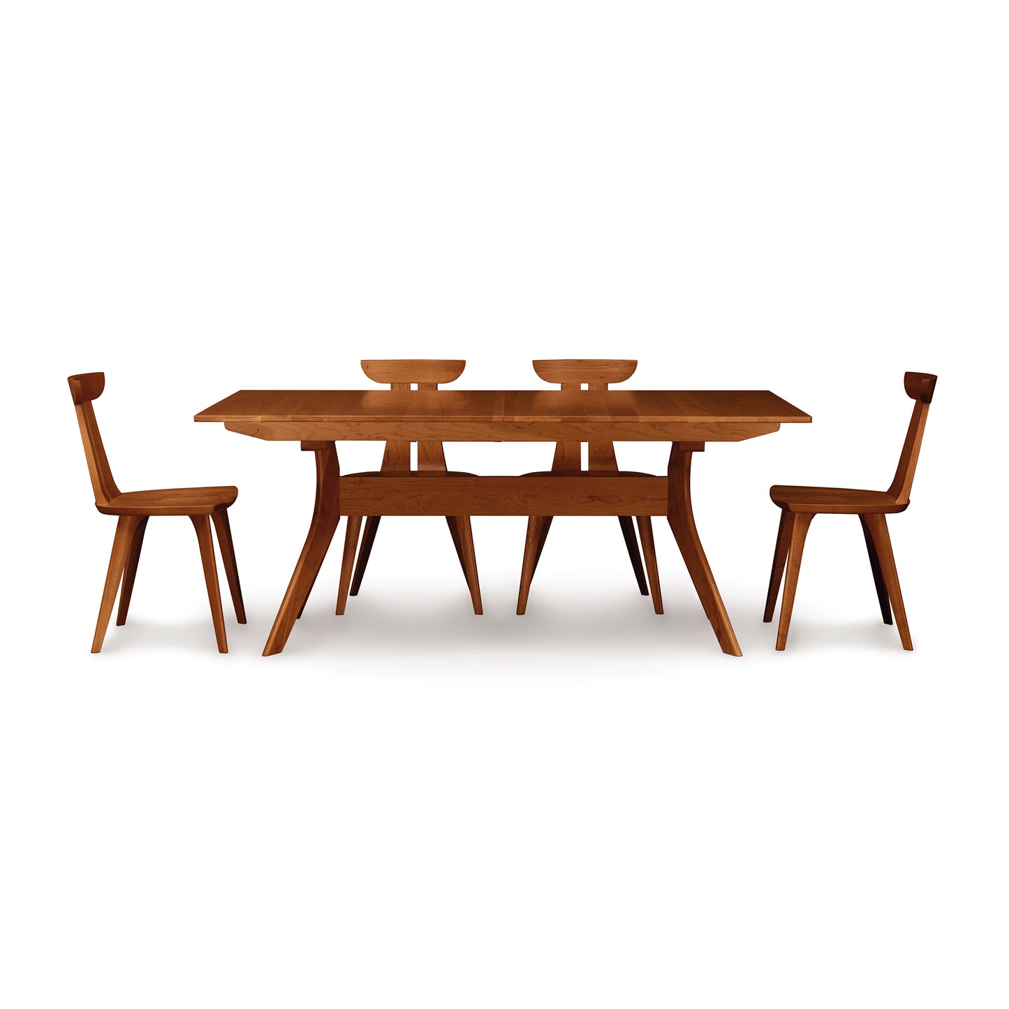 A Copeland Furniture Audrey Extension Dining Table with four matching chairs, crafted from solid Cherry wood, set against a white background.