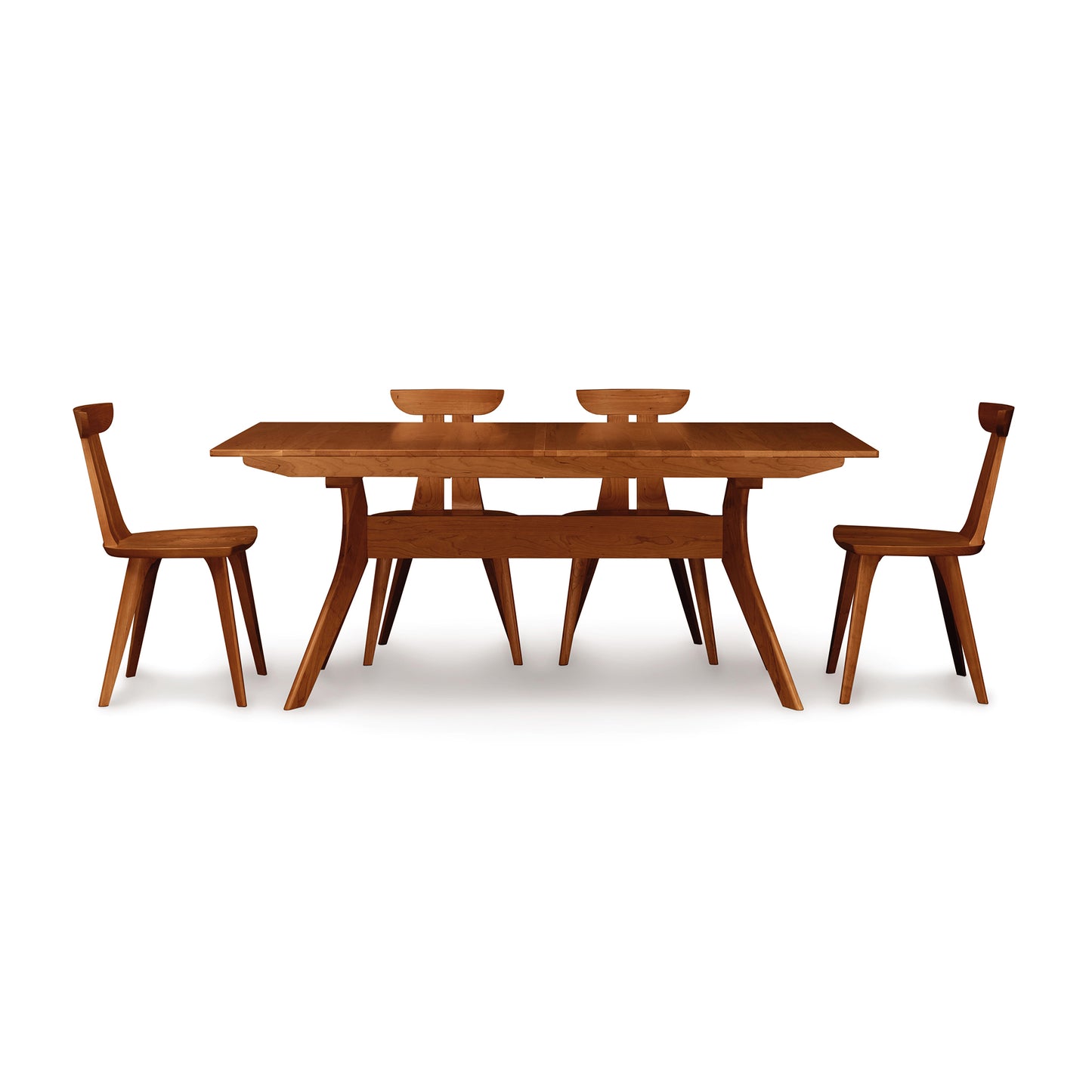Copeland Furniture Audrey Extension Dining Table with four matching chairs, crafted from solid wood and featuring clean, modern lines.