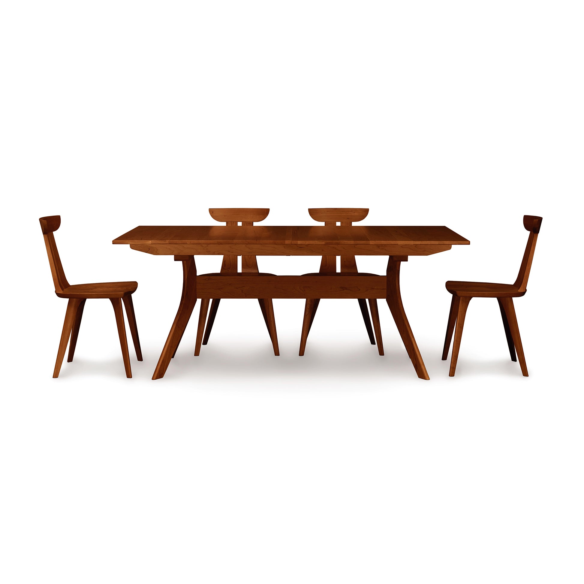 Copeland Furniture Audrey Extension Dining Table set with four matching chairs, displaying angular legs and a rich cherry wood finish.